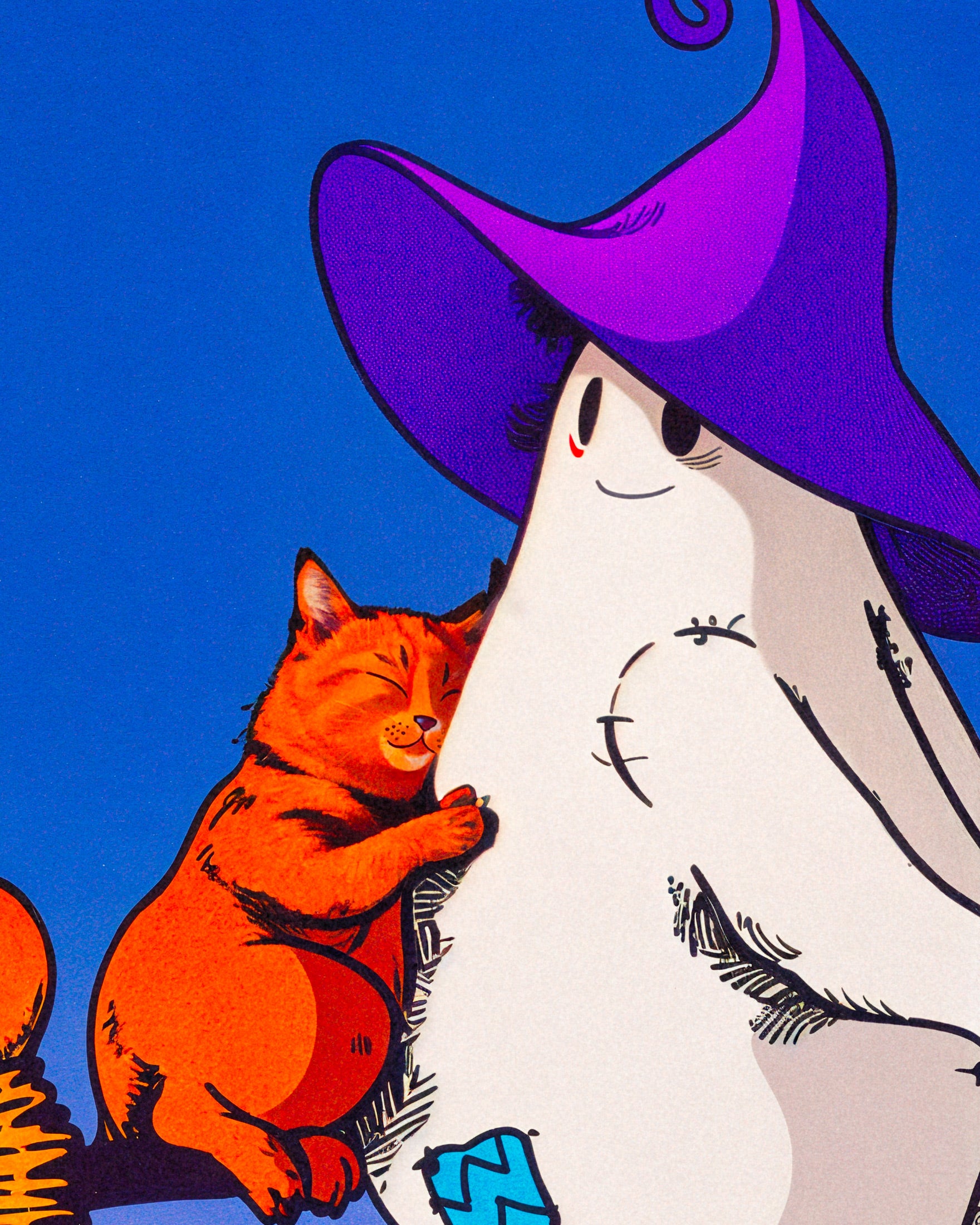 A spectre and a feline astride a soaring broomstick – Print