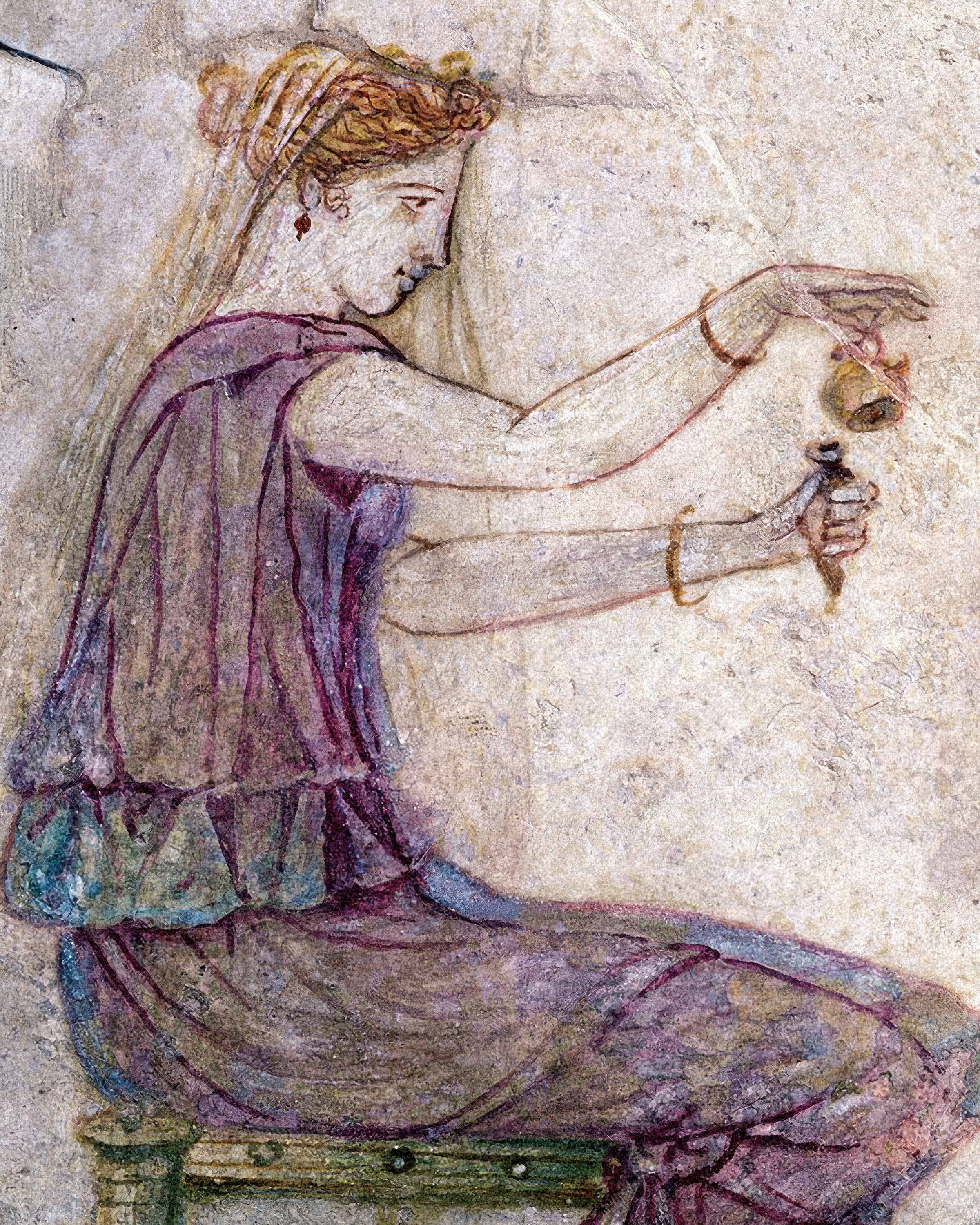Woman pouring perfume fresco poster