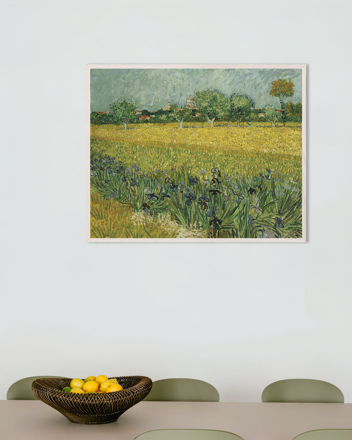 Poster of Field with Irises near Arles (1888) by Vincent van Gogh, with white wooden frame