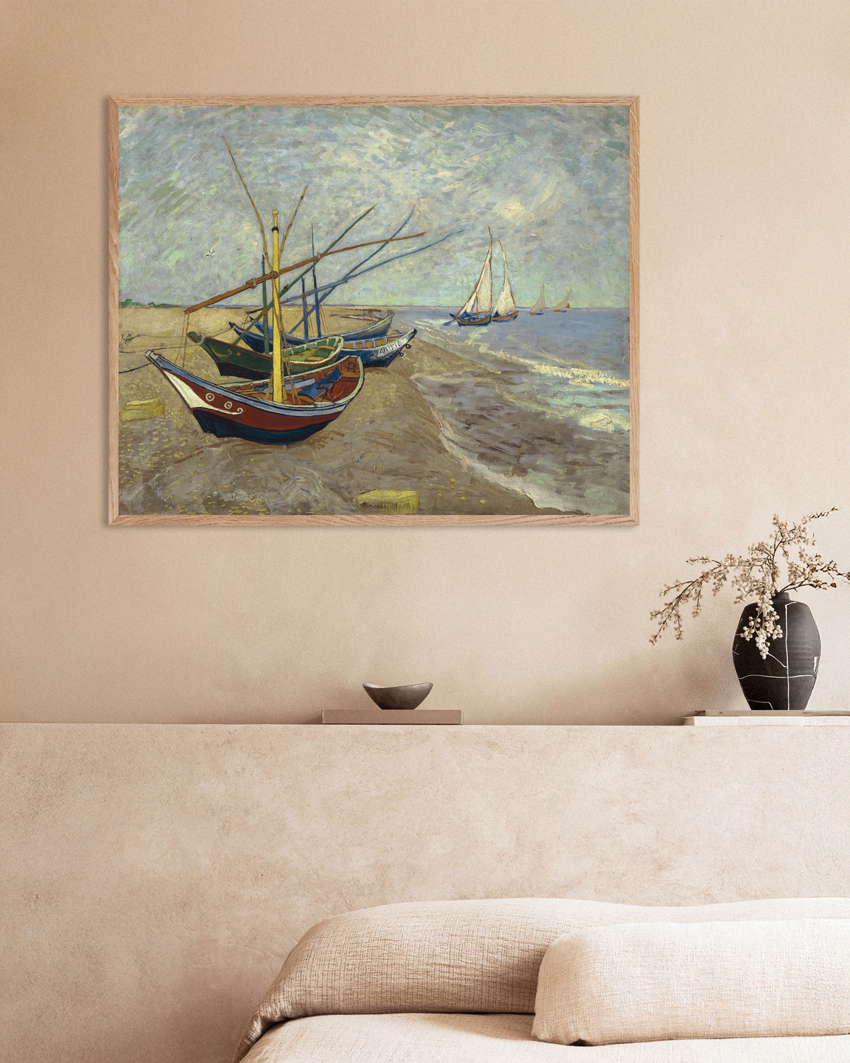 Poster of Fishing Boats on the Beach at Les Saintes-Maries-de-la-Mer (1888) by Vincent van Gogh, with natural wooden frame