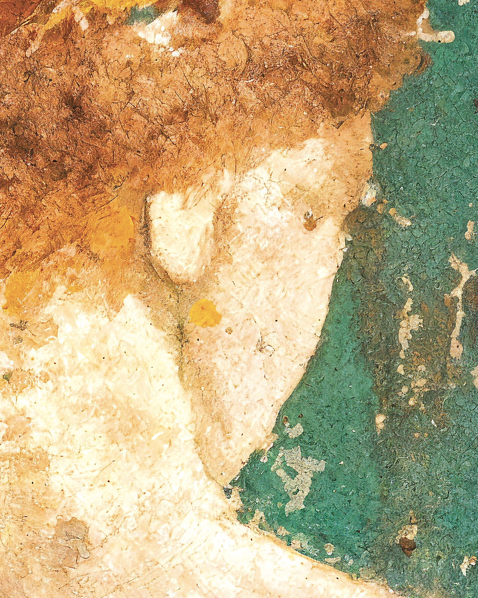 Close-up of textured surface with brown, white, and green colors