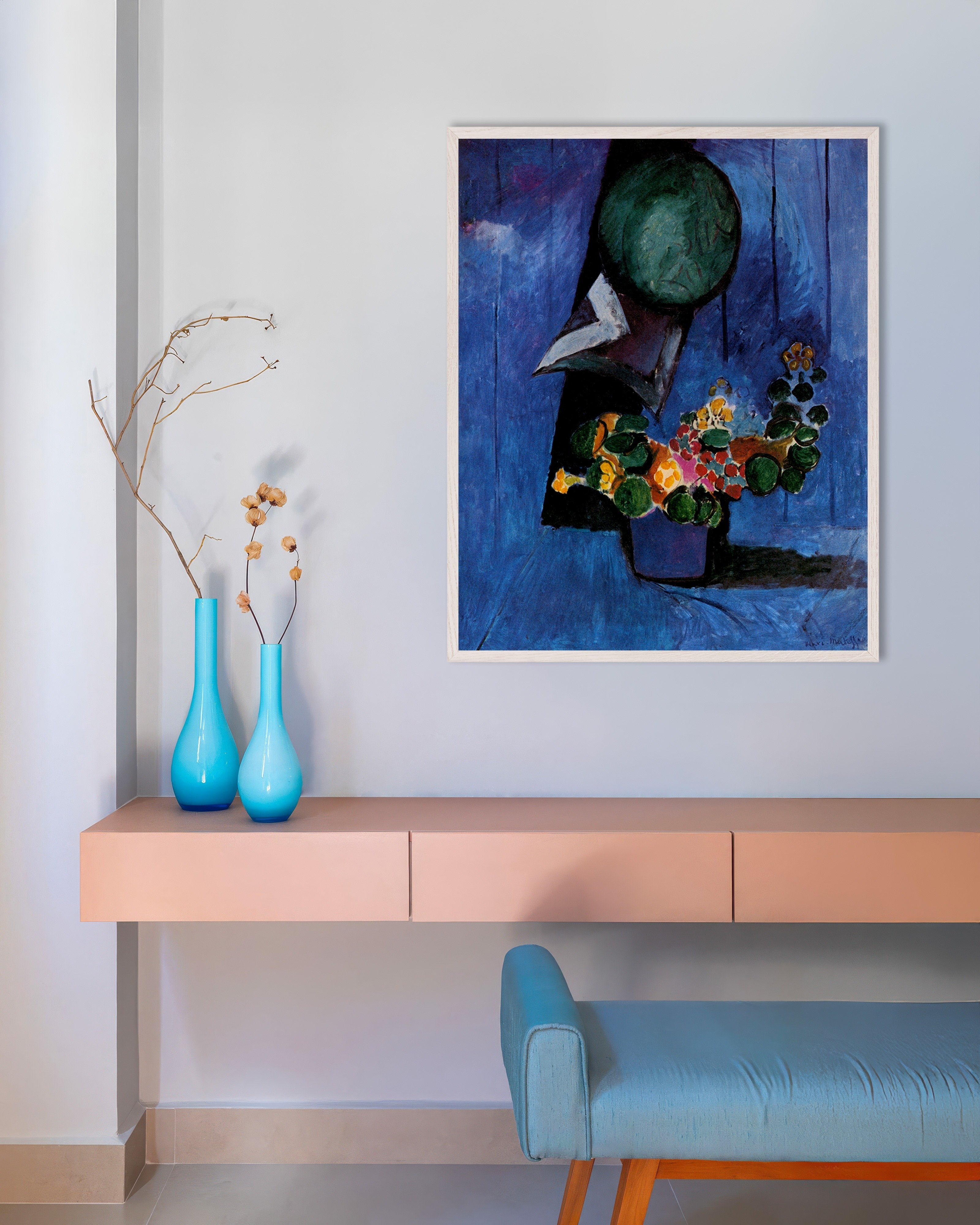 Poster of Flowers and ceramic plate (1911) by Henri Matisse, with white wooden frame