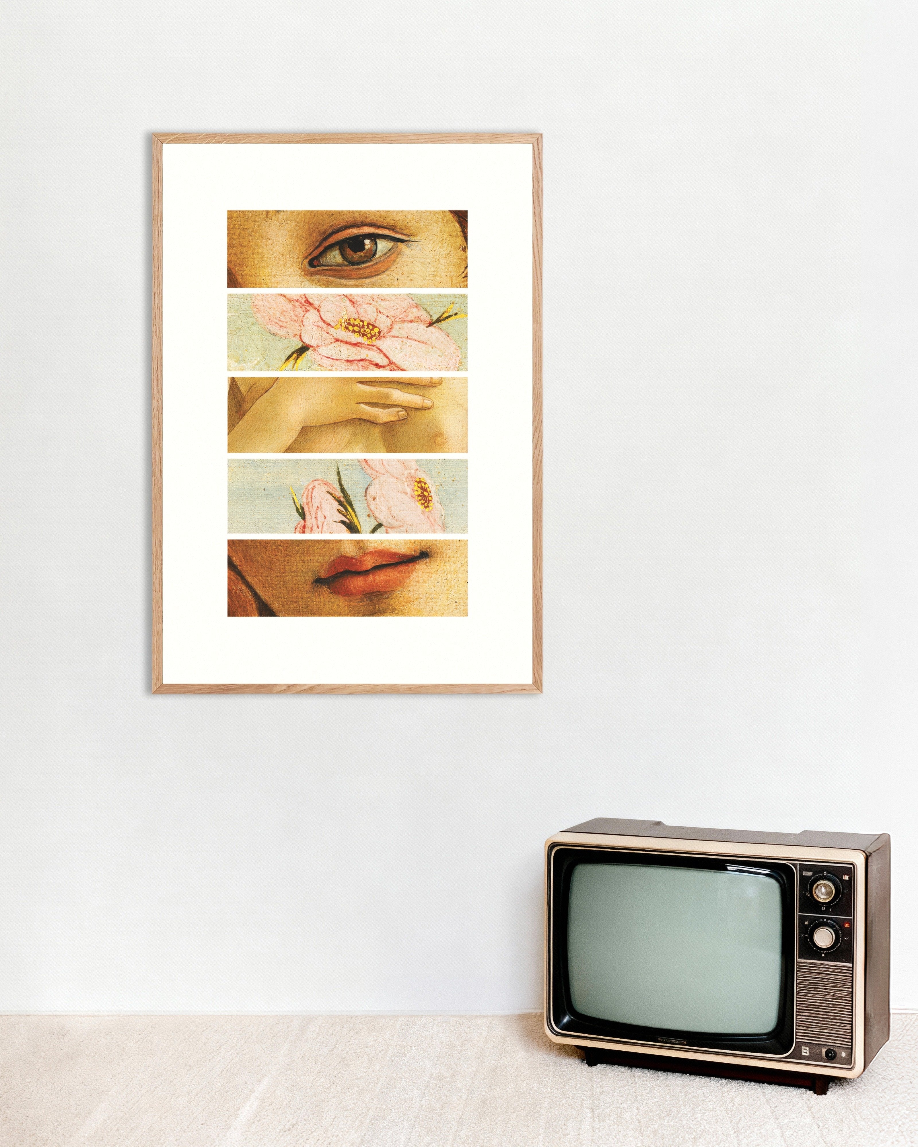 Poster of Fragments of Botticelli’s Venus art print, with natural wooden frame