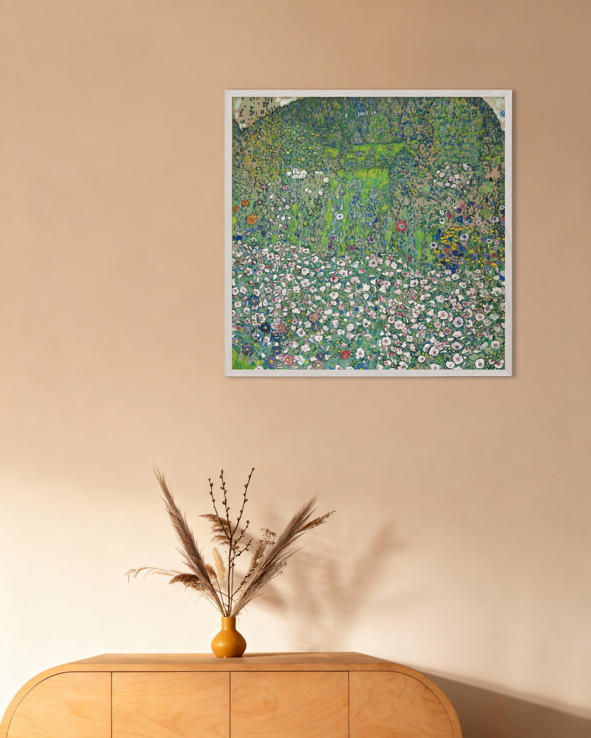 Poster of Garden Landscape with Hilltop (1916) by Gustav Klimt, with white wooden frame