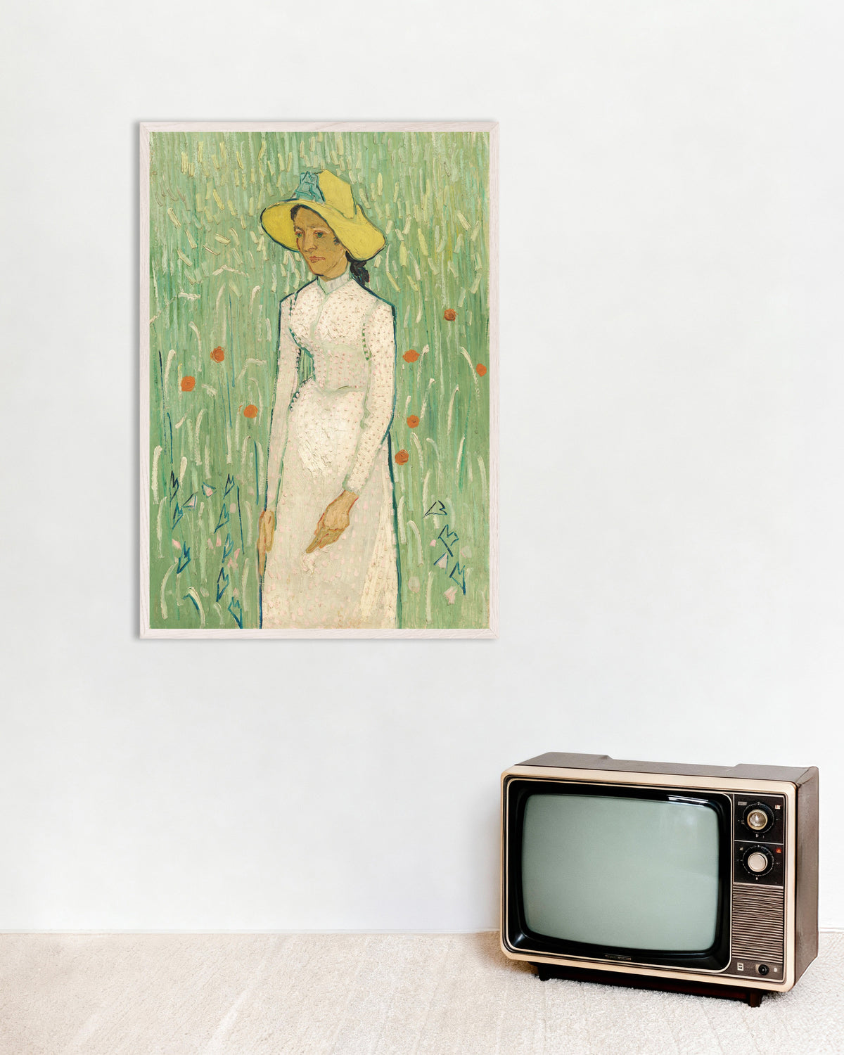 Poster of Girl in White (1890) by Vincent van Gogh, with white wooden frame