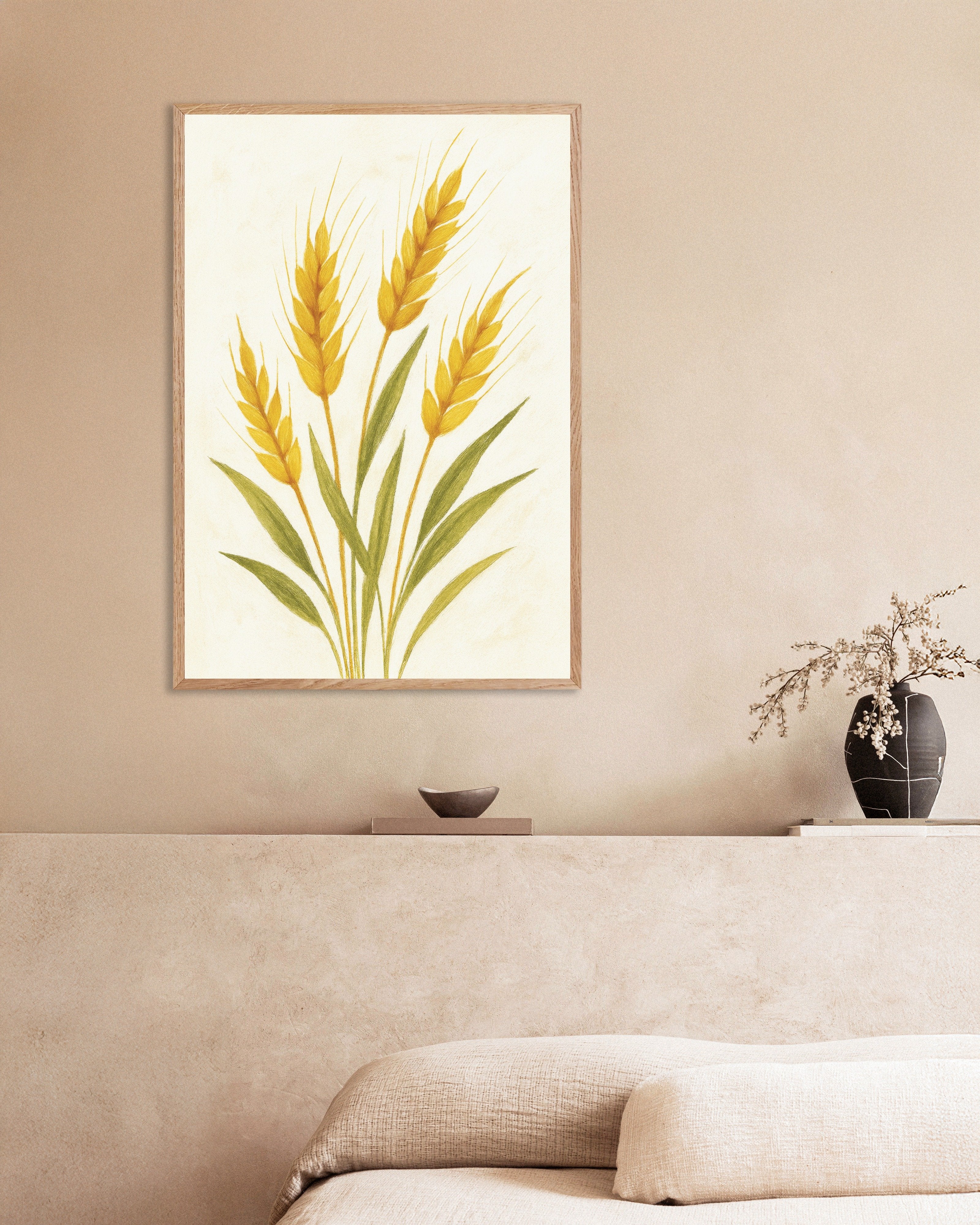 Poster of Golden wheat botanical art print, with natural wooden frame