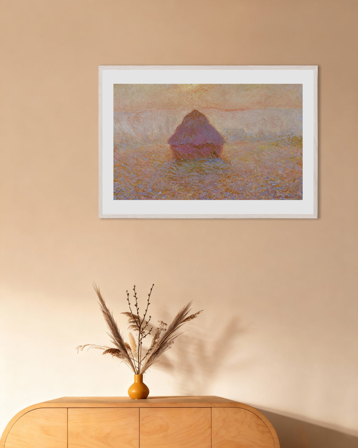 Poster of Grainstack, Sun in the Mist (1891) by Claude Monet, with white wooden frame