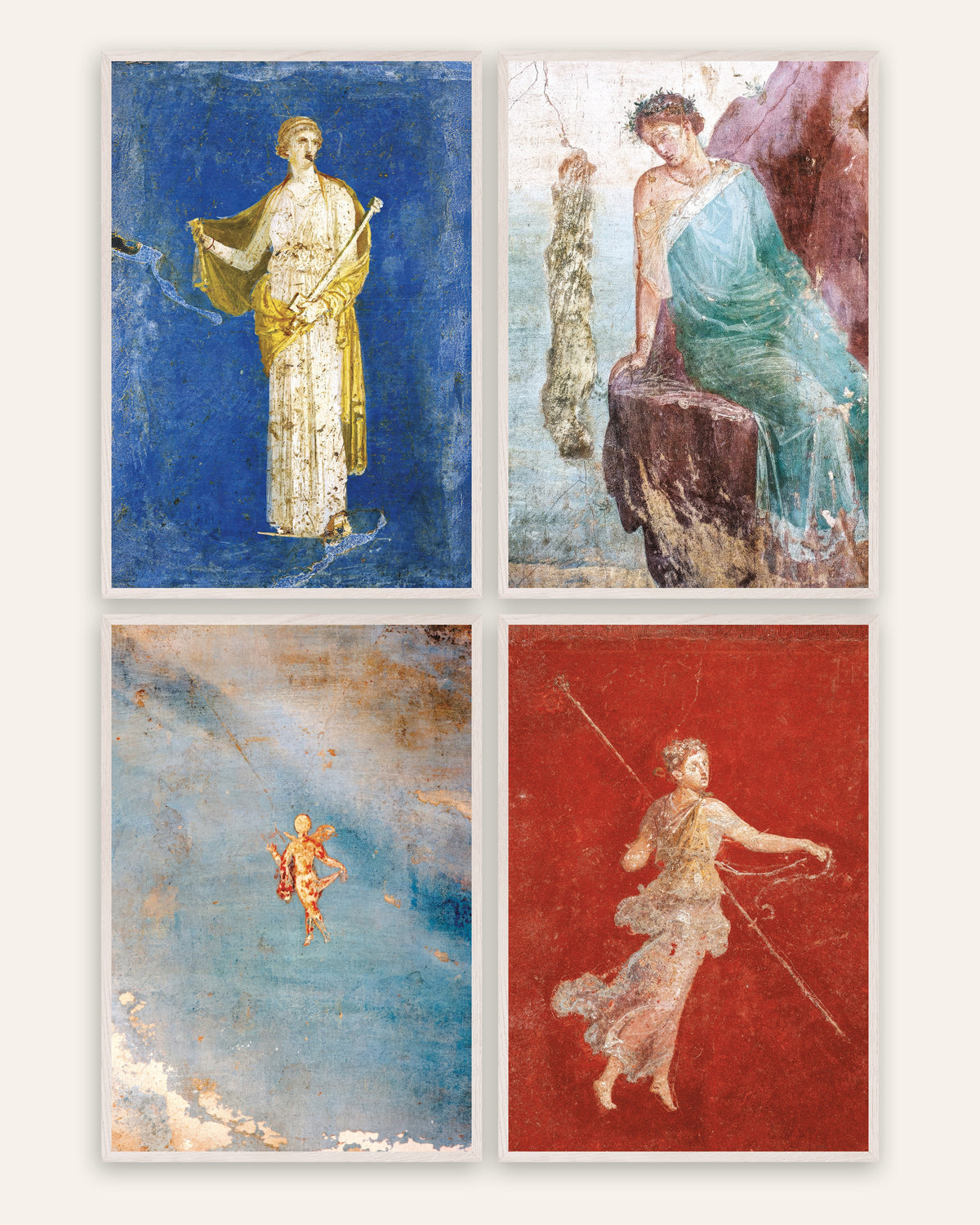 Greek Myth Fresco Prints Set of 4 – Medea, Icarus, Psyche & Maenad, prints in white oak frames