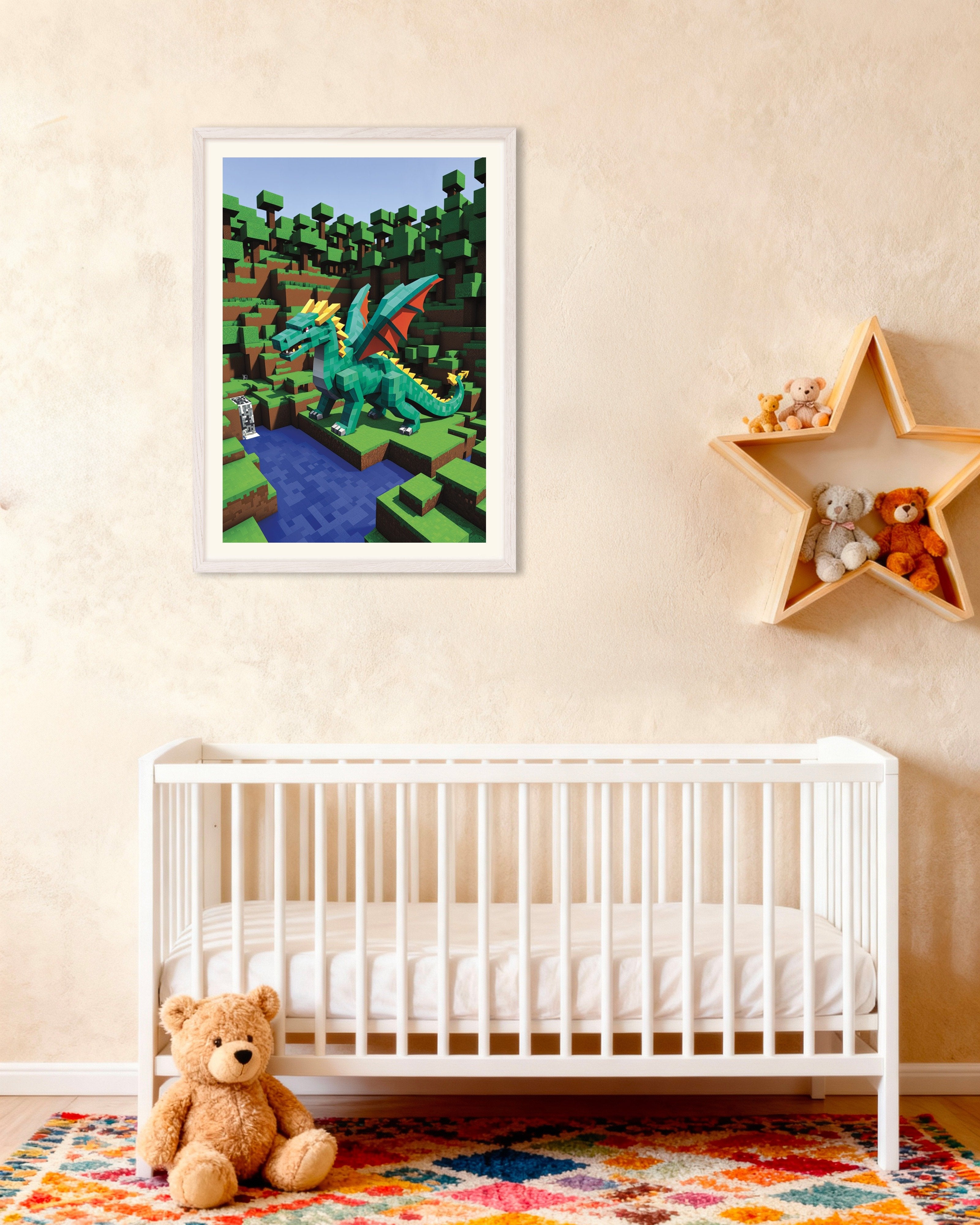 Poster of Green dragon by the waterfall, with white wooden frame