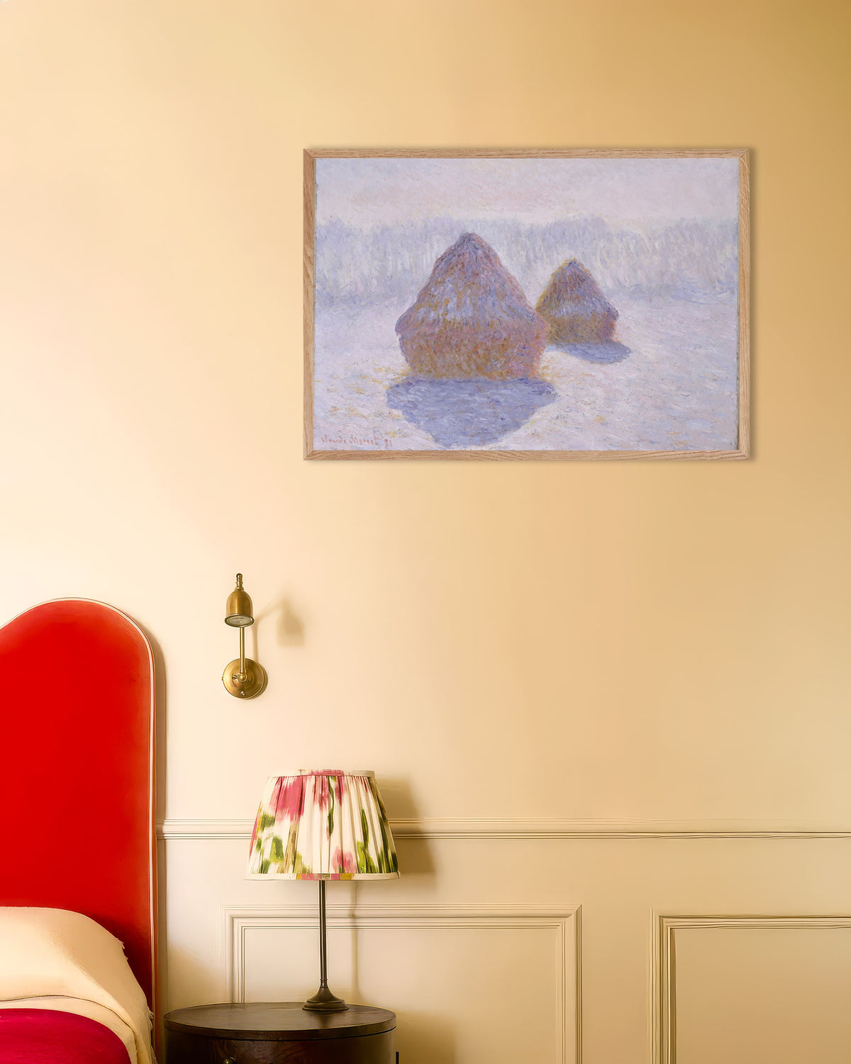 Poster of Haystacks, Effect of Snow and Sun (1891) by Claude Monet, with natural wooden frame