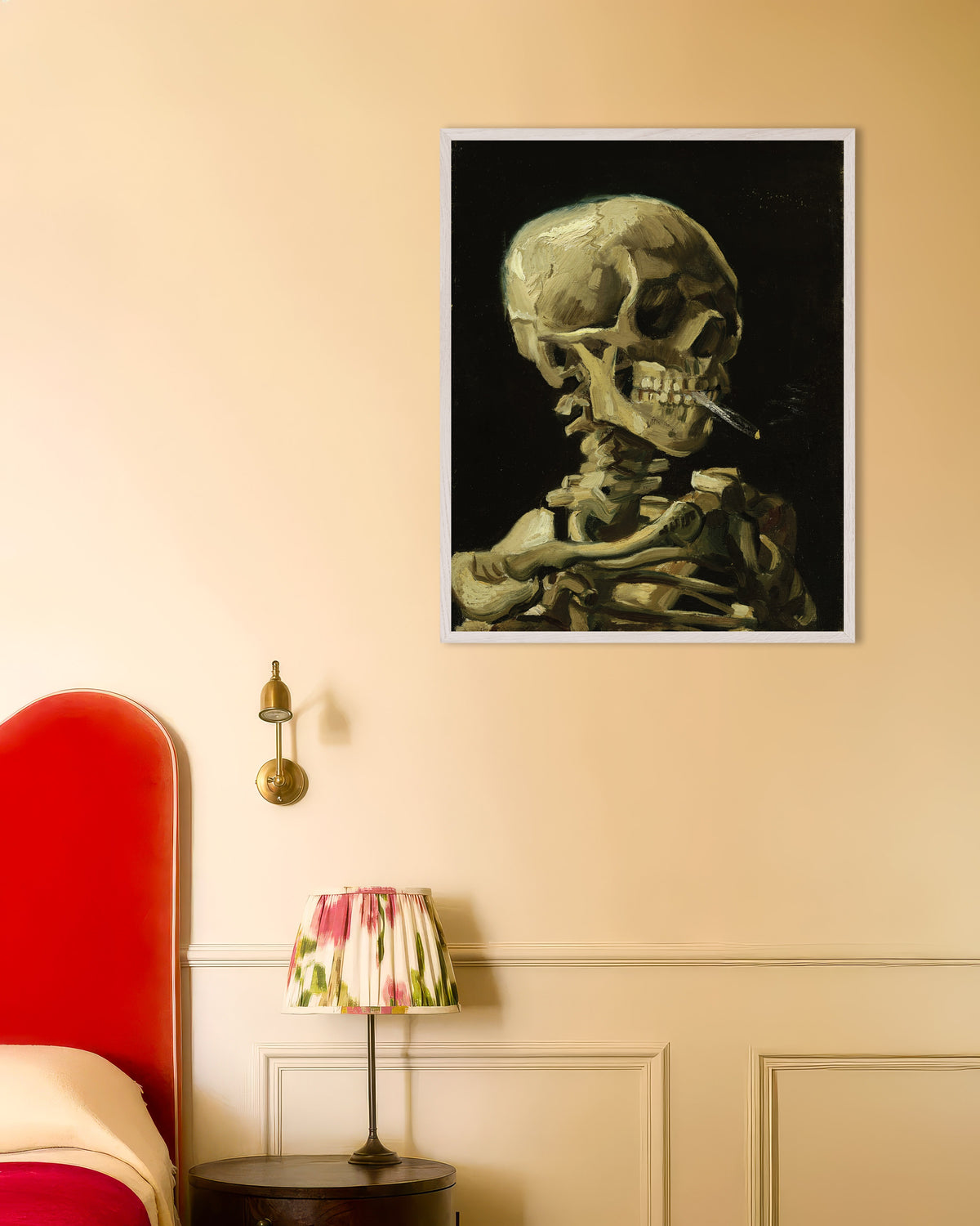 Poster of Head of a Skeleton with a Burning Cigarette (1886) by Vincent van Gogh, with white wooden frame