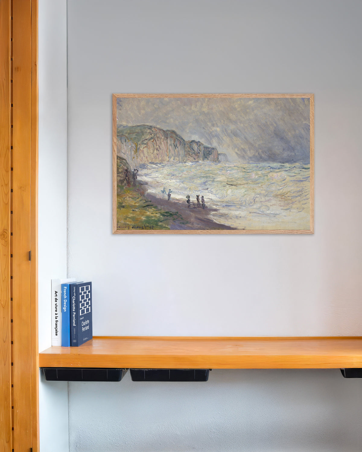 Poster of Heavy Sea at Pourville (1897) by Claude Monet, with natural wooden frame