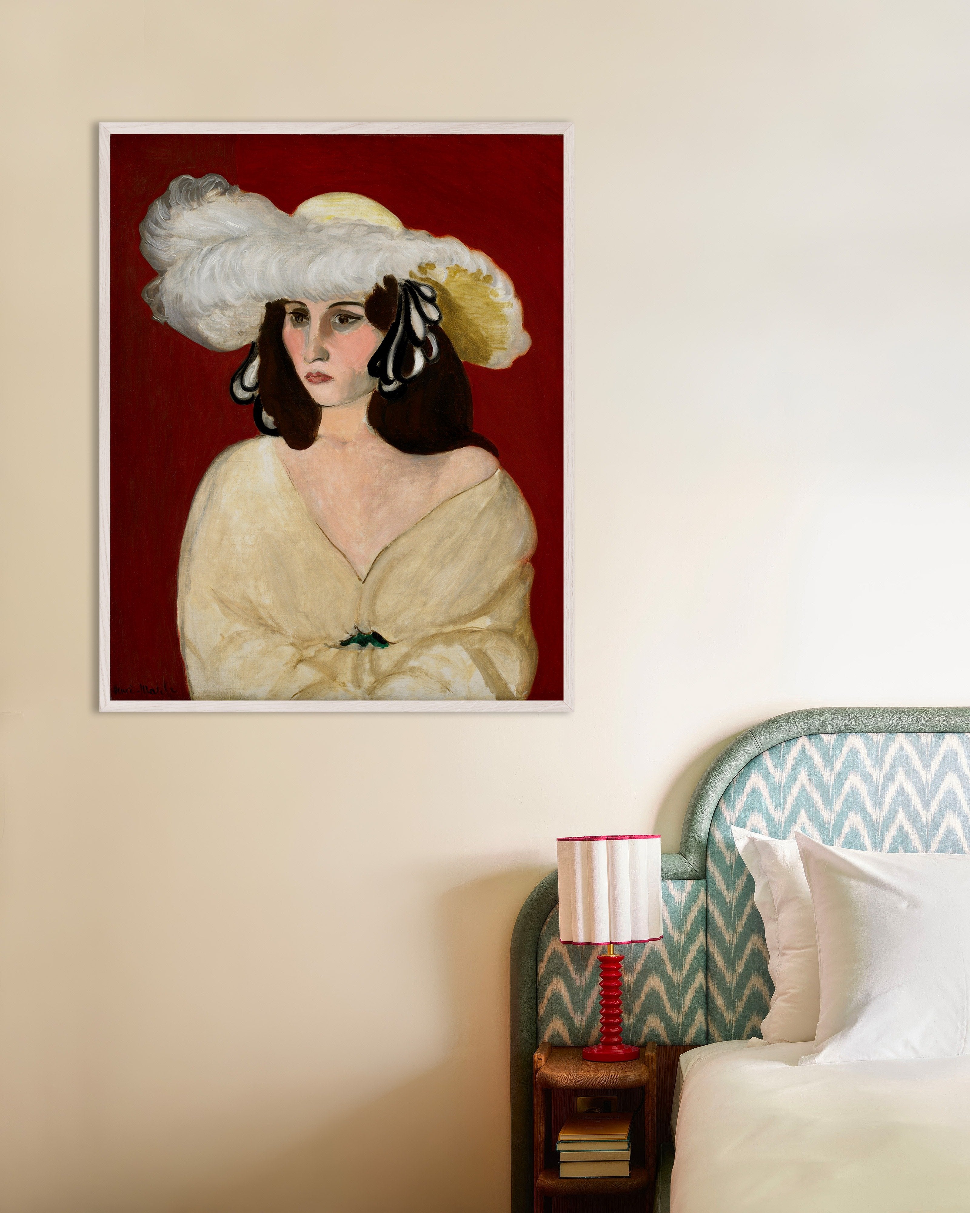 Poster of Henri Matisse White Plumes poster (1919), with white wooden frame