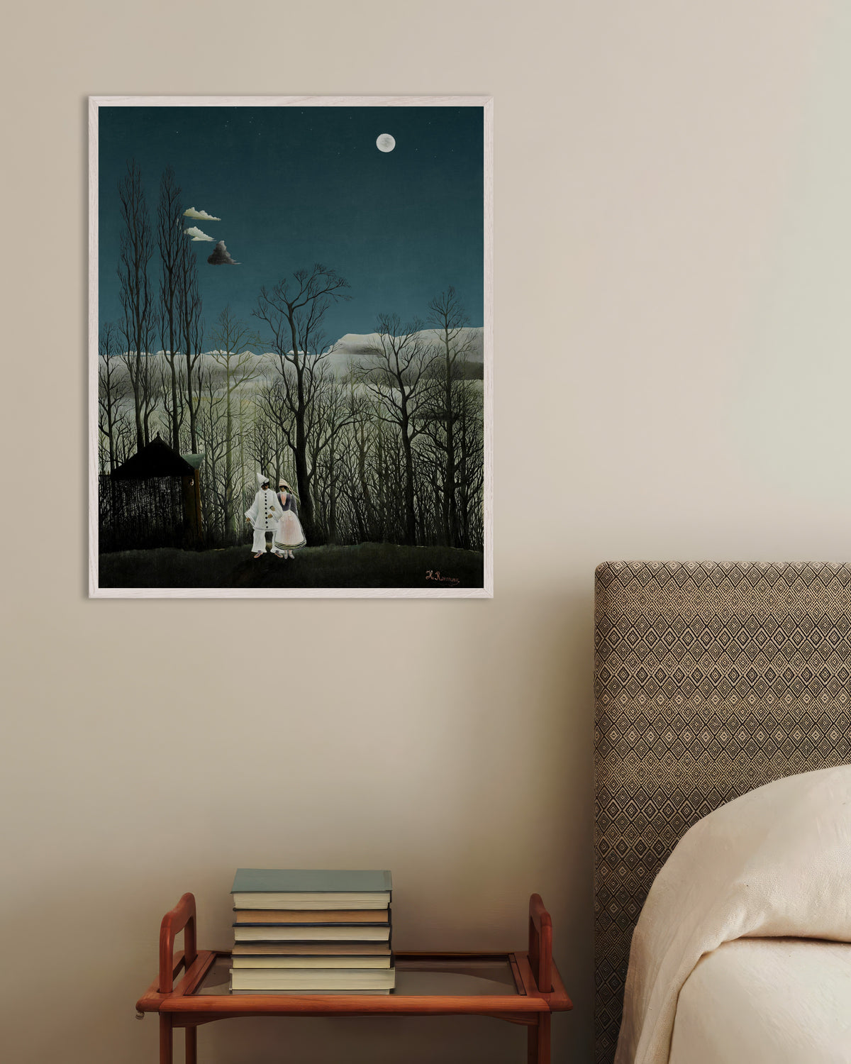 Poster of Henri Rousseau Print - A Carnival Evening (detail), with white wooden frame