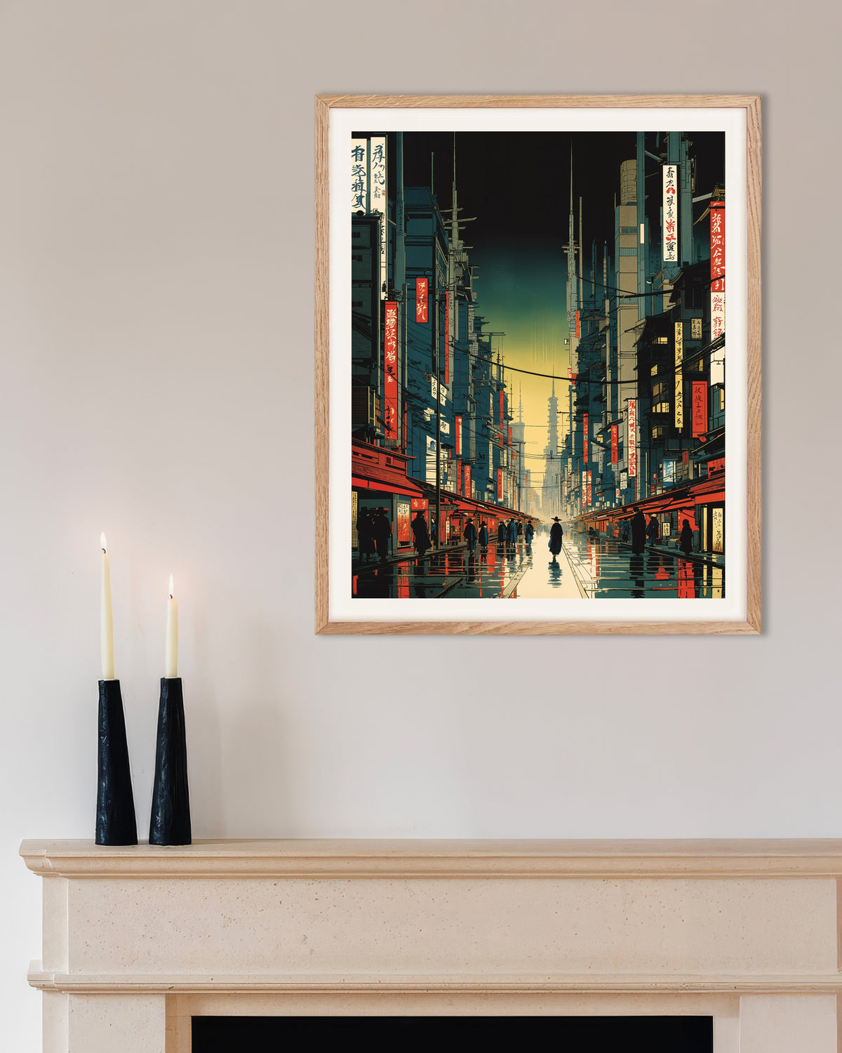 Poster of Hiroshige hypertech, street of a futuristic city - Poster, with natural wooden frame