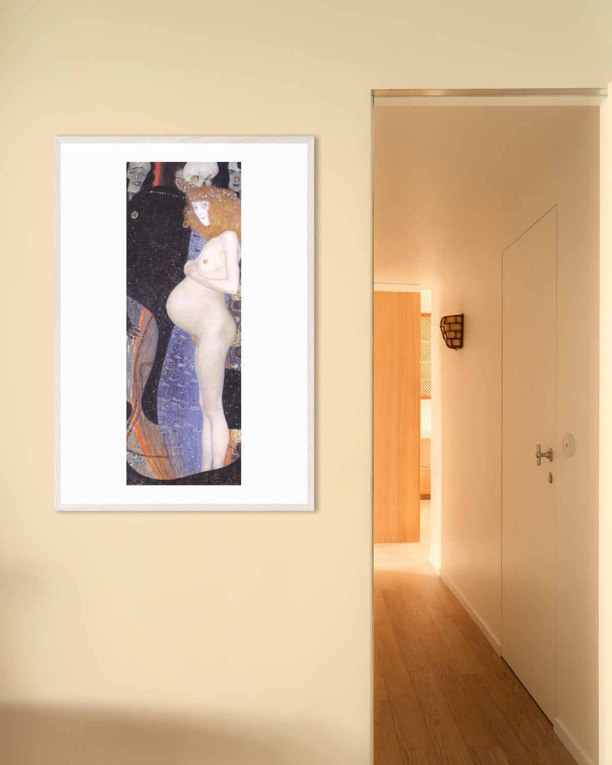 Poster of Hope I (1903) by Gustav Klimt, with white wooden frame