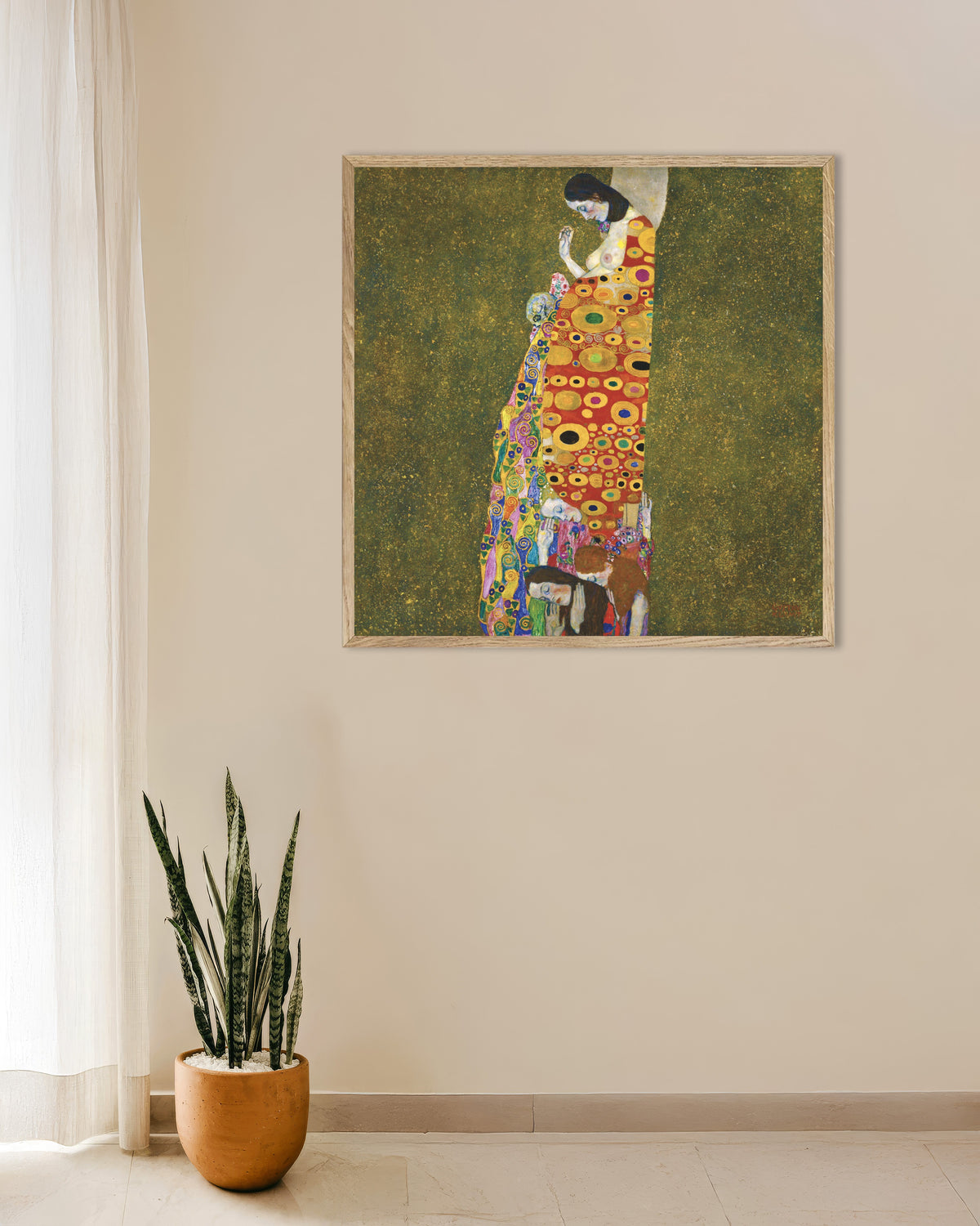 Poster of Hope II (1907–1908) by Gustav Klimt, with natural wooden frame