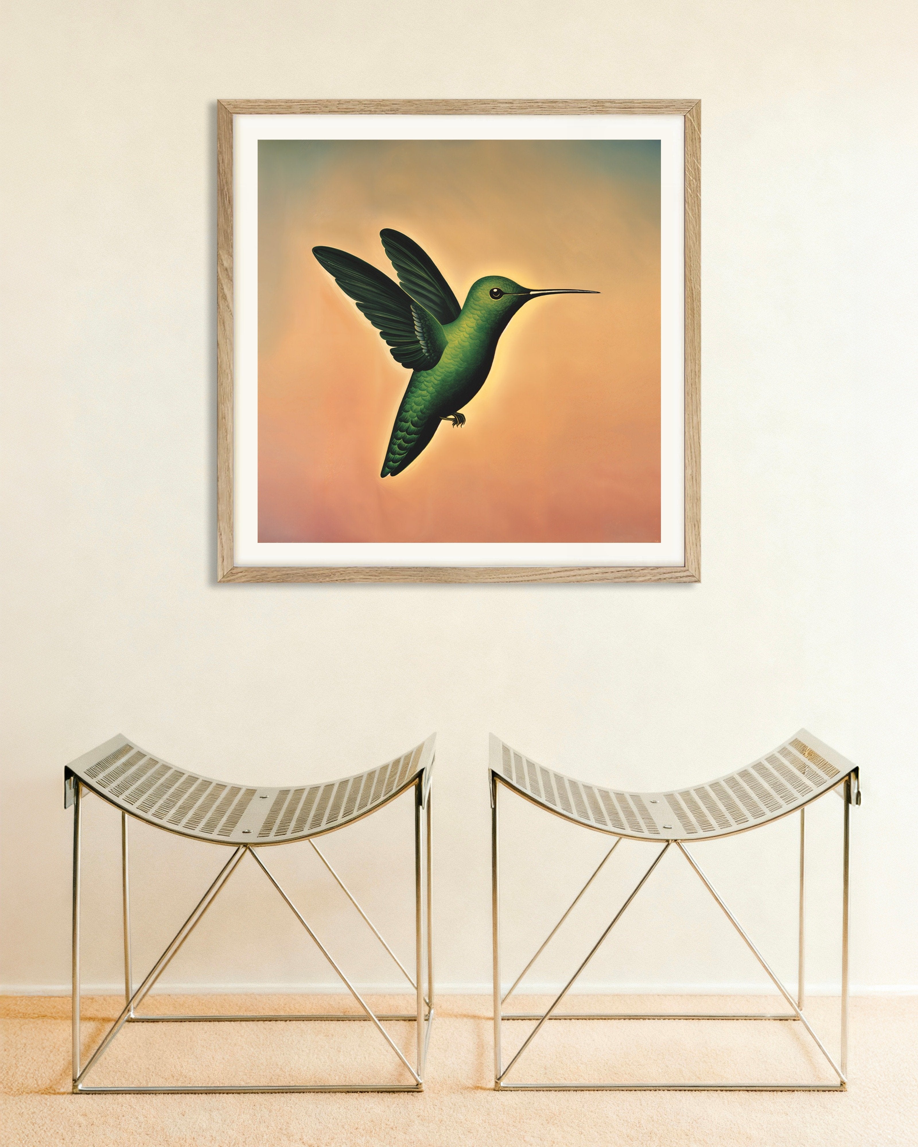 Poster of Hummingbird in Soft Sky Poster, with natural wooden frame