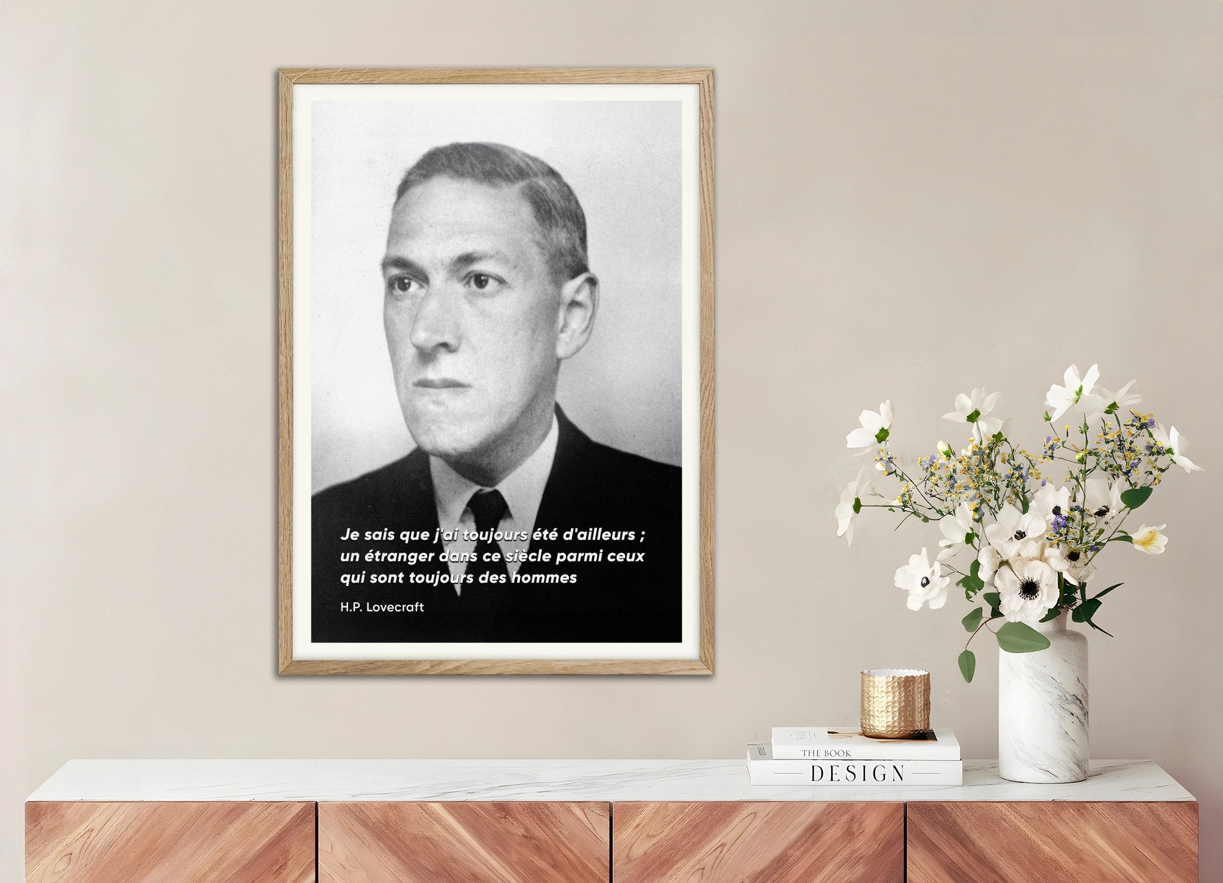 Poster of "I Am An Outsider" H.P. Lovecraft Portrait Quote Print, with natural wooden frame