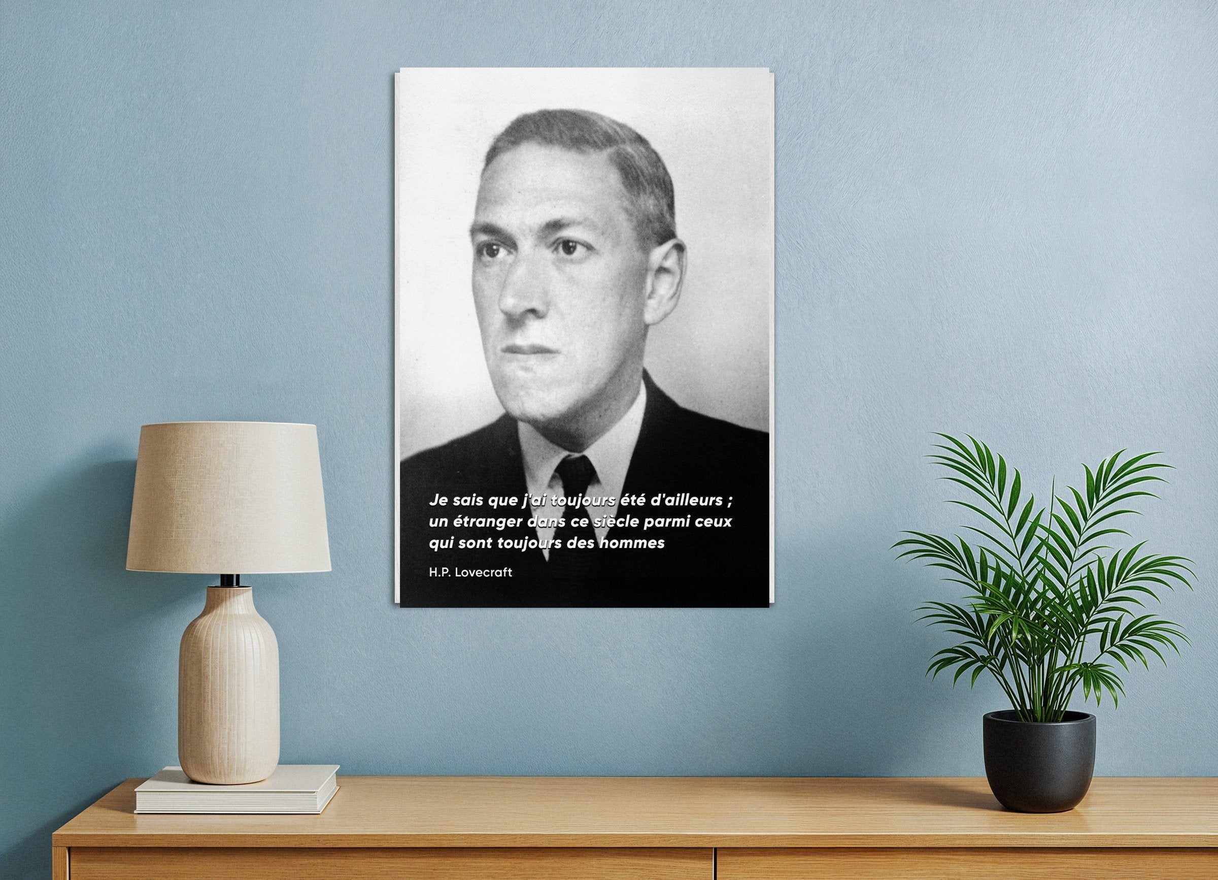 Poster of "I Am An Outsider" H.P. Lovecraft Portrait Quote Print, with white wooden frame