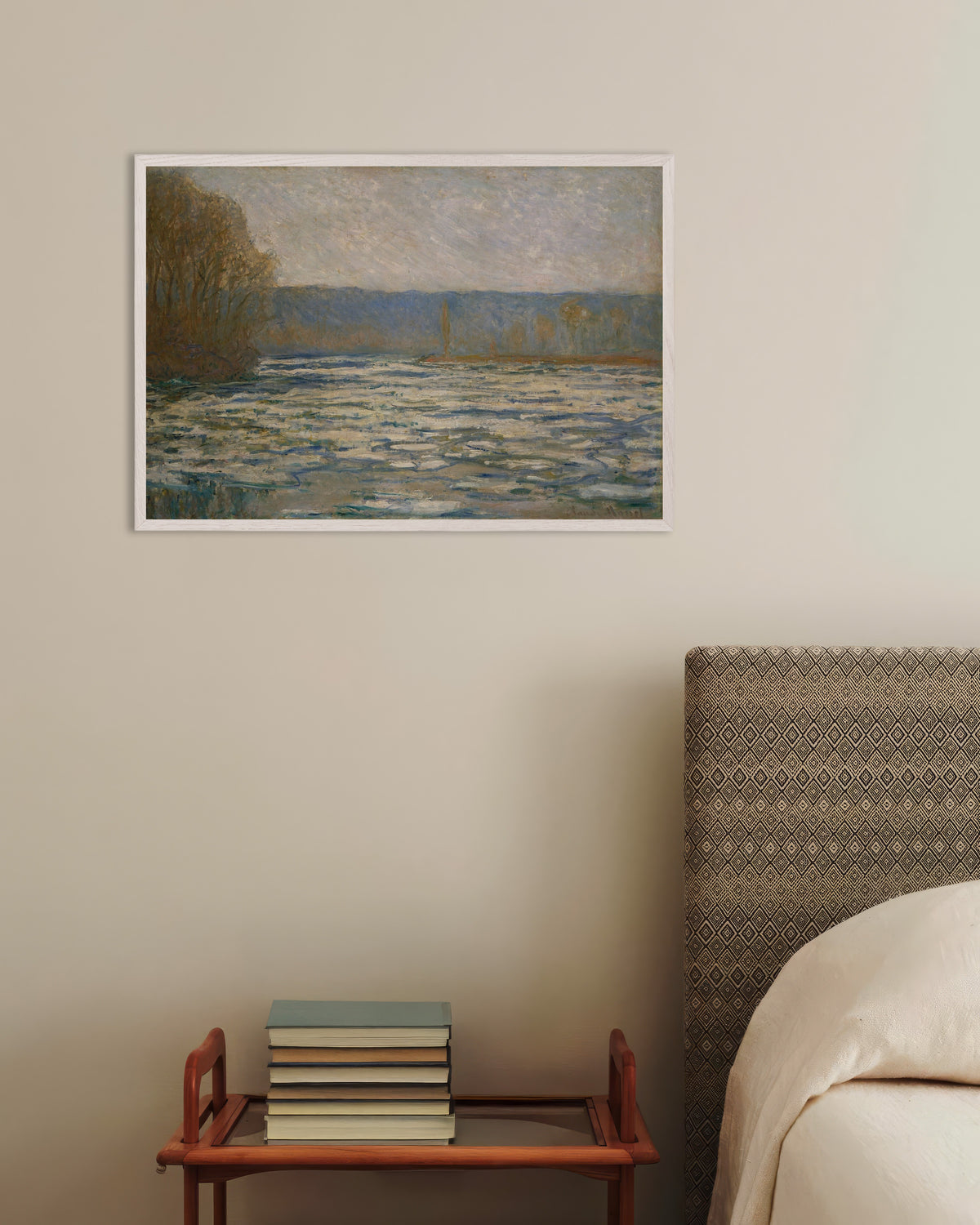 Poster of Ice Breaking Up on the Seine near Bennecourt (1893) by Claude Monet, with white wooden frame