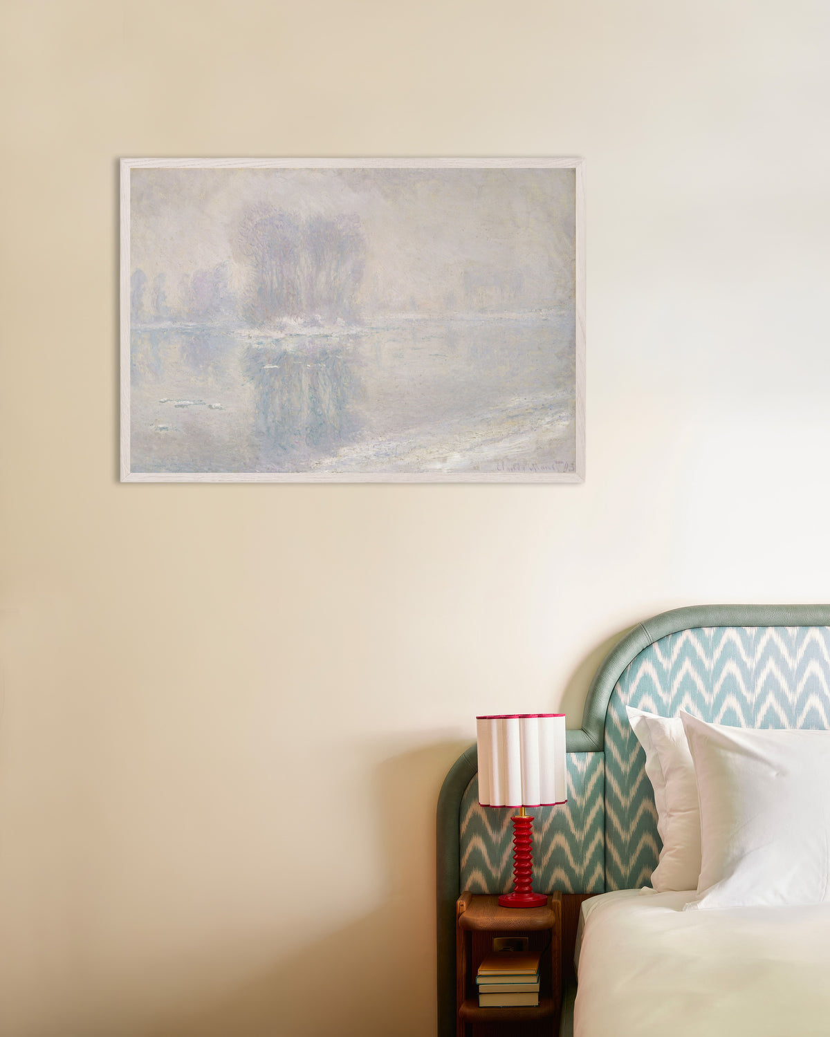 Poster of Ice Floes (1893) by Claude Monet, with white wooden frame