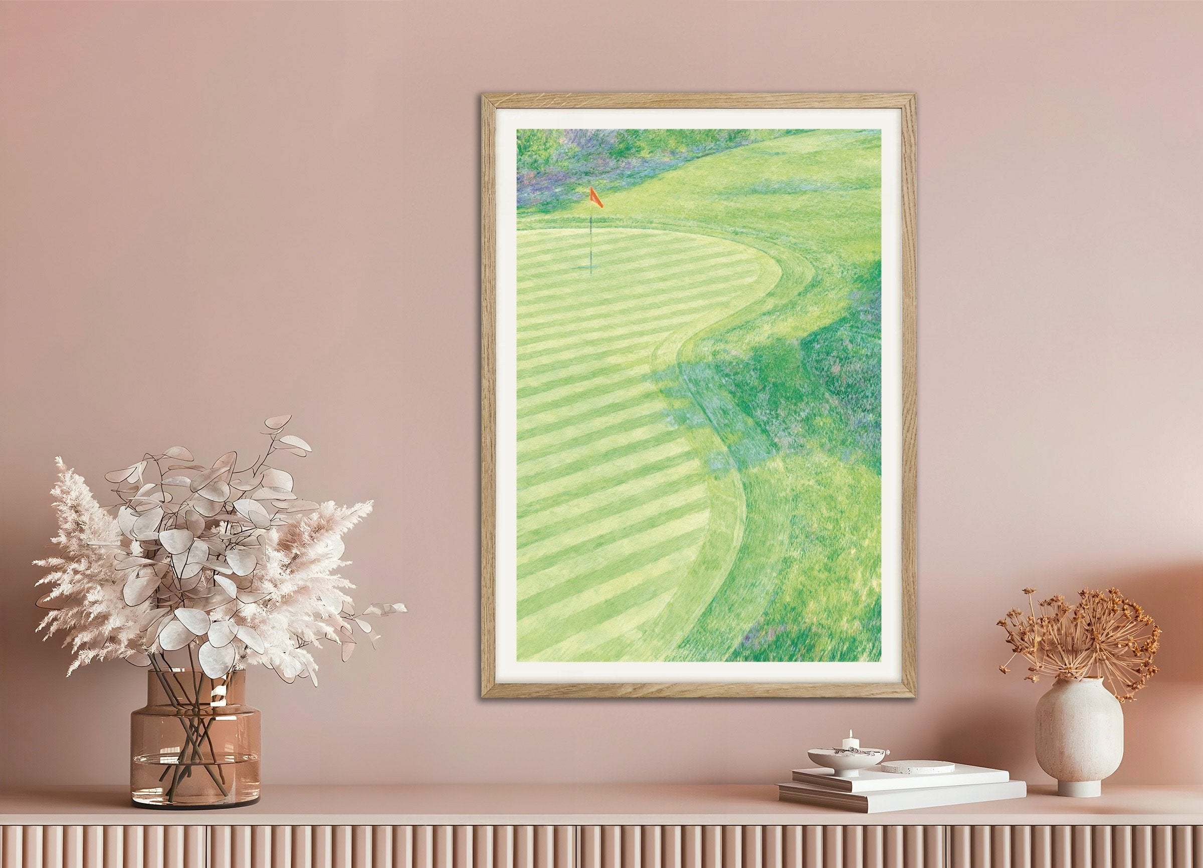 Poster of Impressionist golf poster – green landscape art print, with natural wooden frame