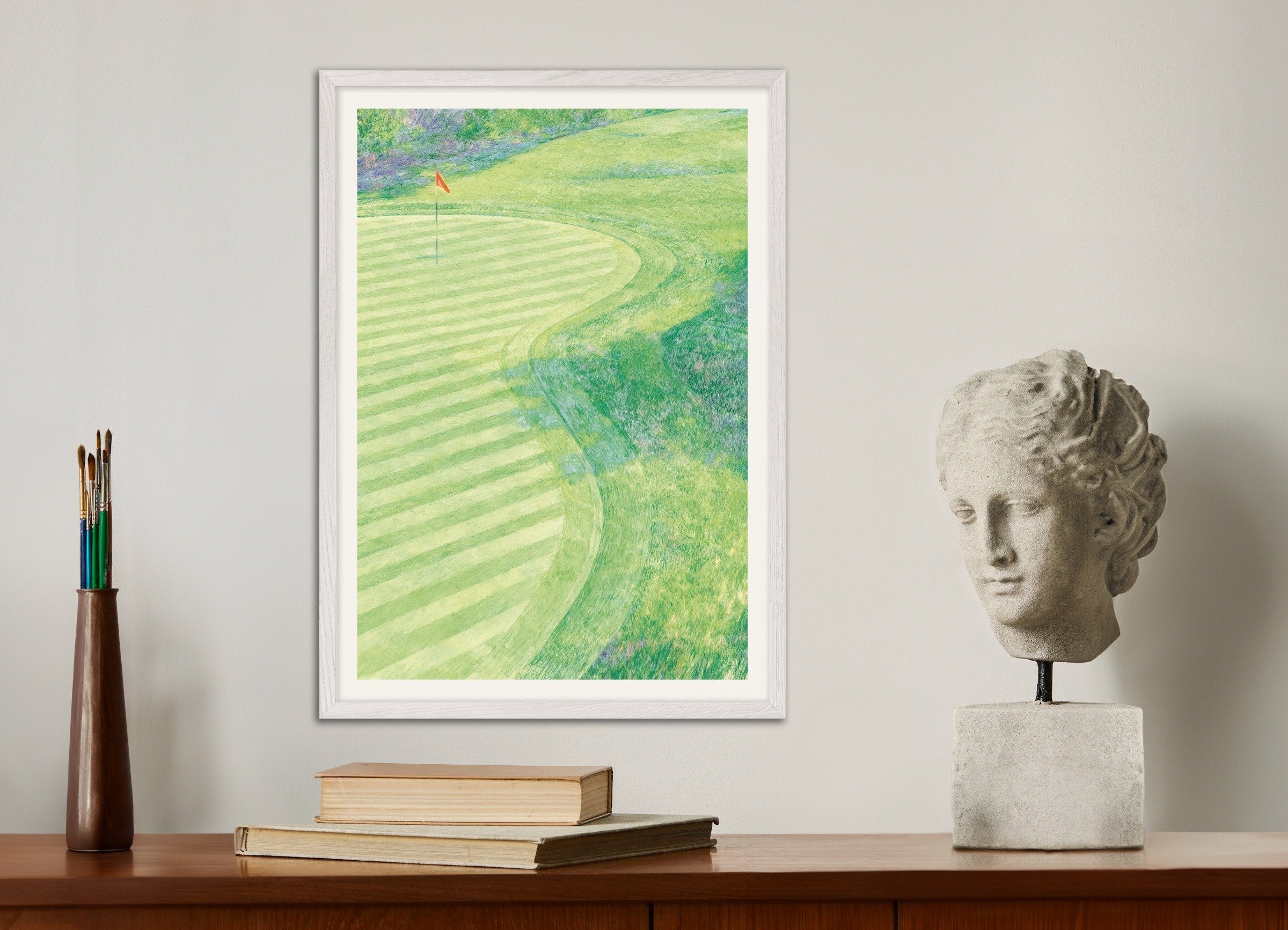 Poster of Impressionist golf poster – green landscape art print, with white wooden frame