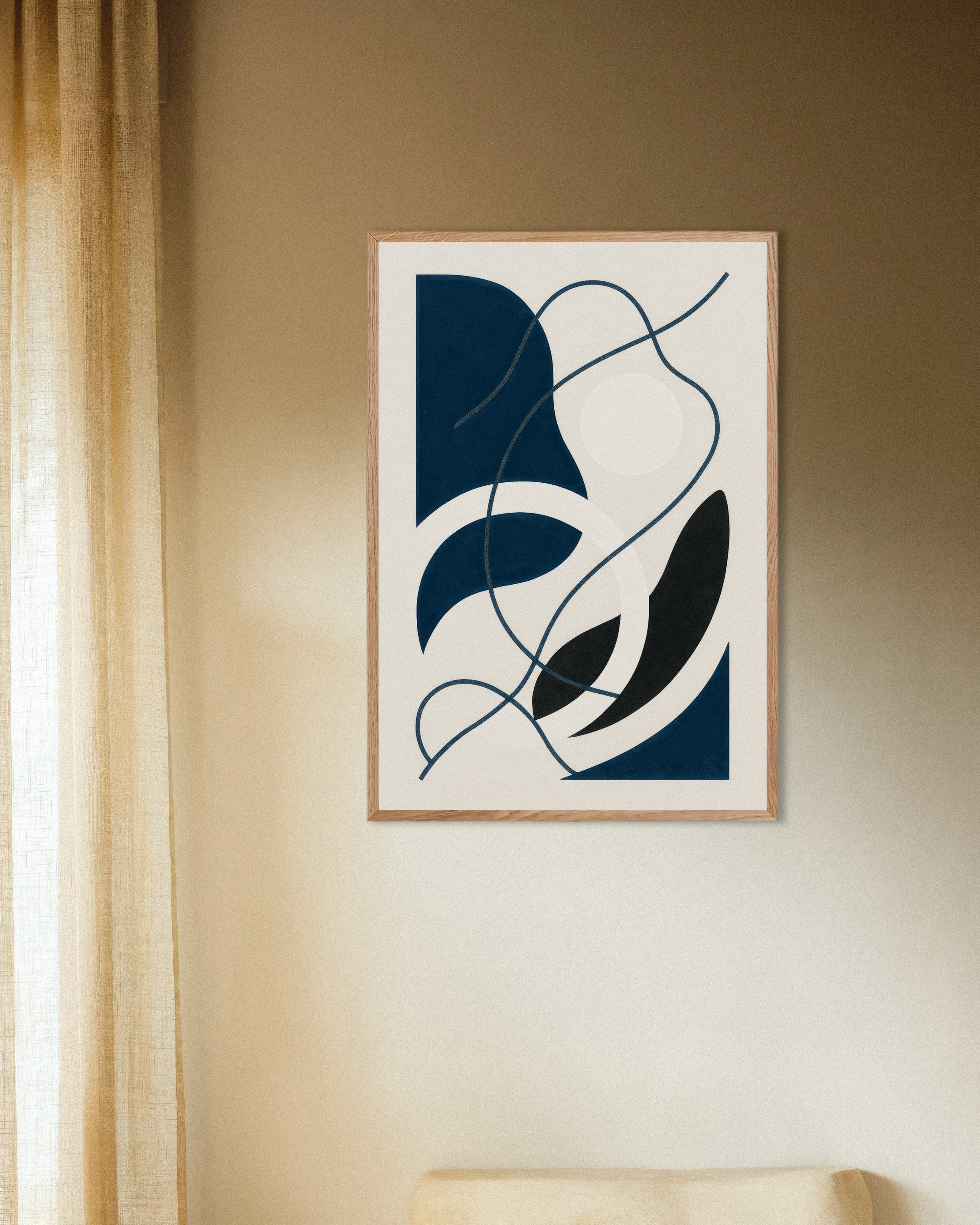 Poster of Inflections 04 – abstract print with curves and contrast, with natural wooden frame