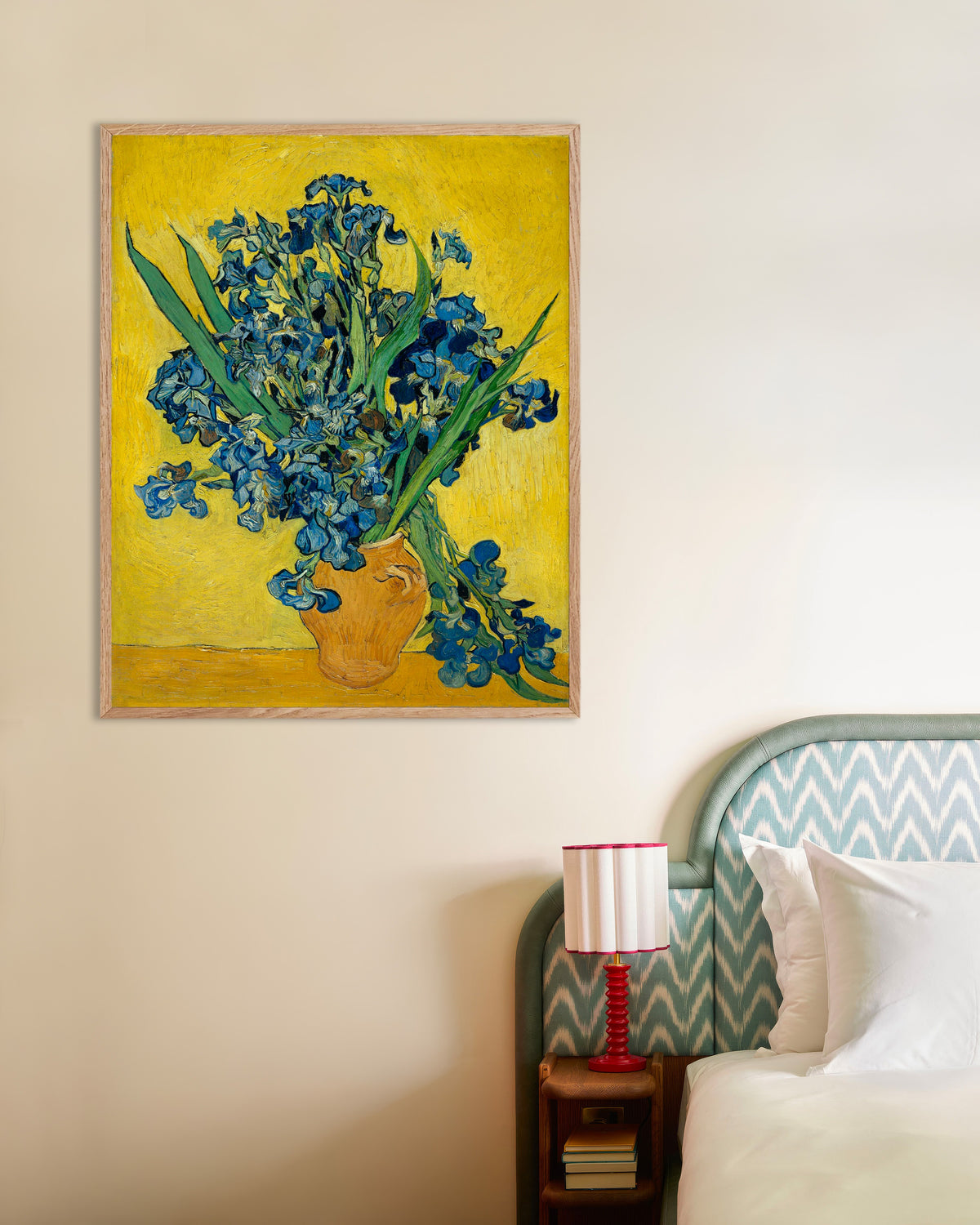 Poster of Irises in a Vase (1890) by Vincent van Gogh, with natural wooden frame