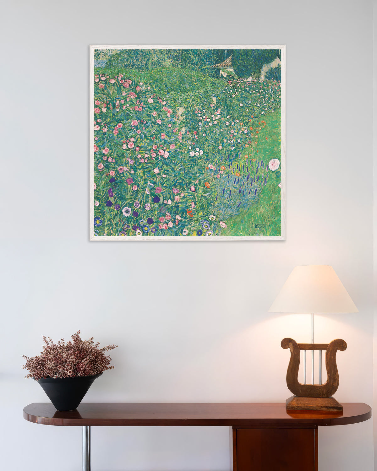 Poster of Italian Garden Landscape (1913) by Gustav Klimt, with white wooden frame