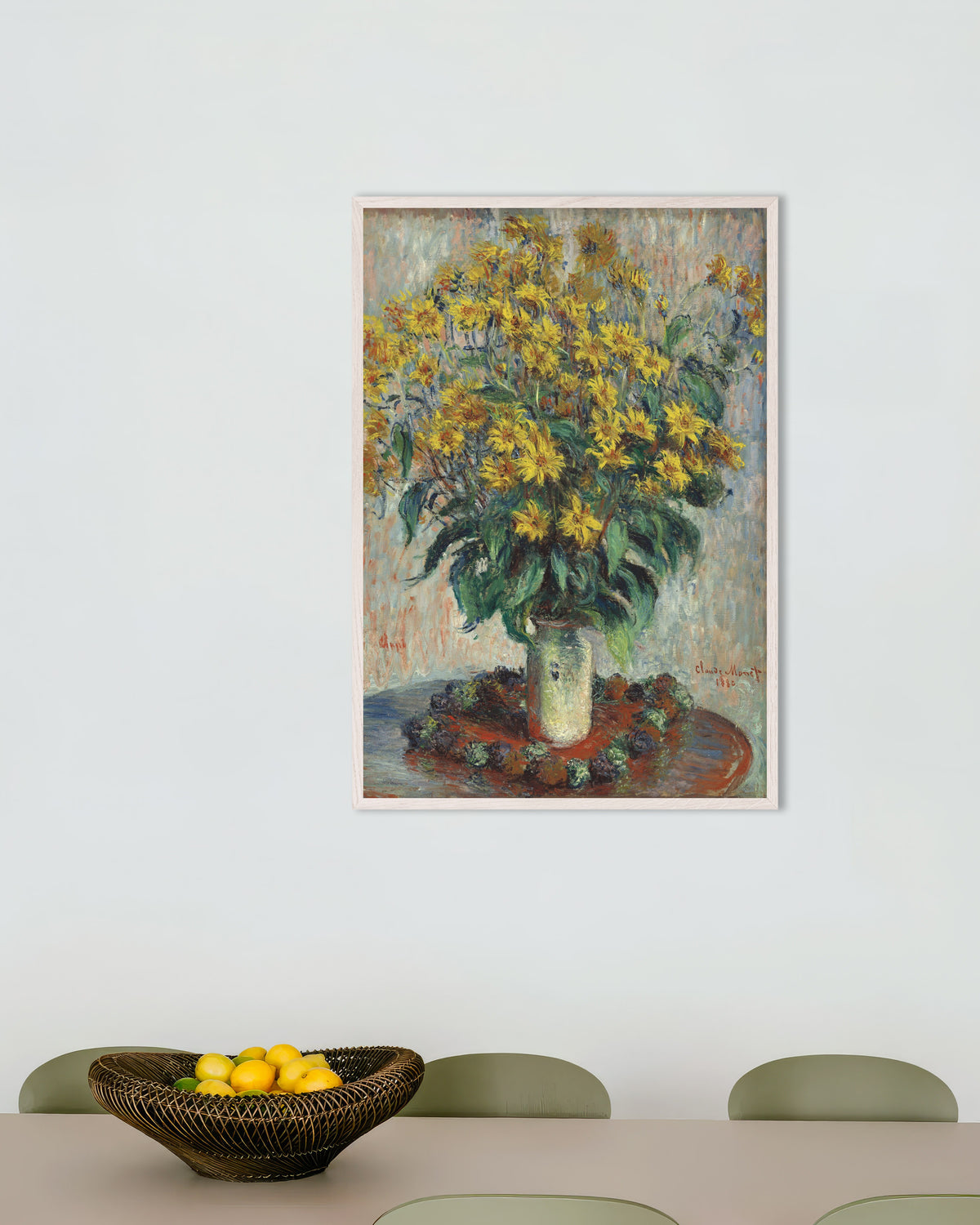 Poster of Jerusalem Artichoke Flowers (1880) by Claude Monet, with white wooden frame