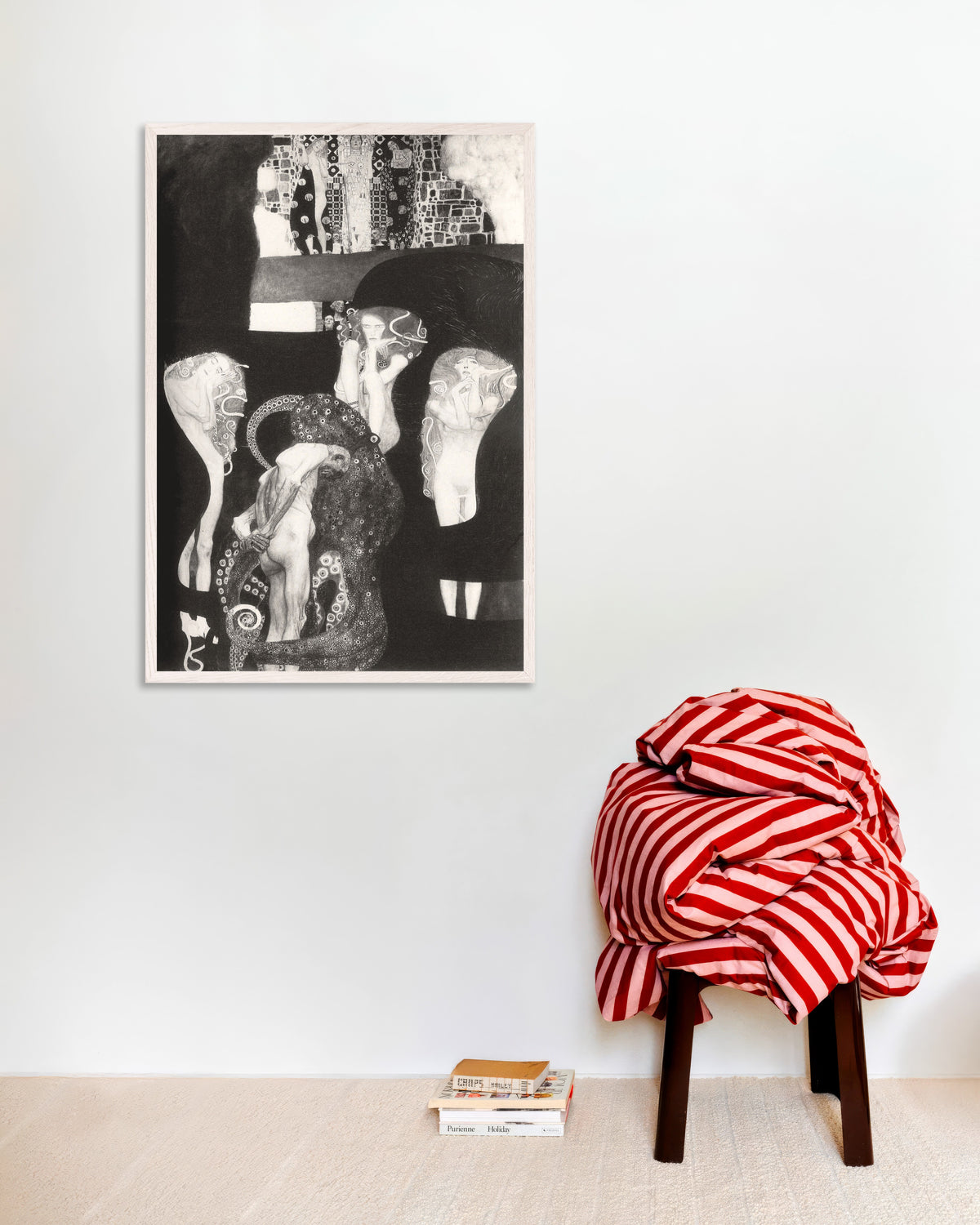 Poster of Jurisprudence (1907) by Gustav Klimt, with white wooden frame