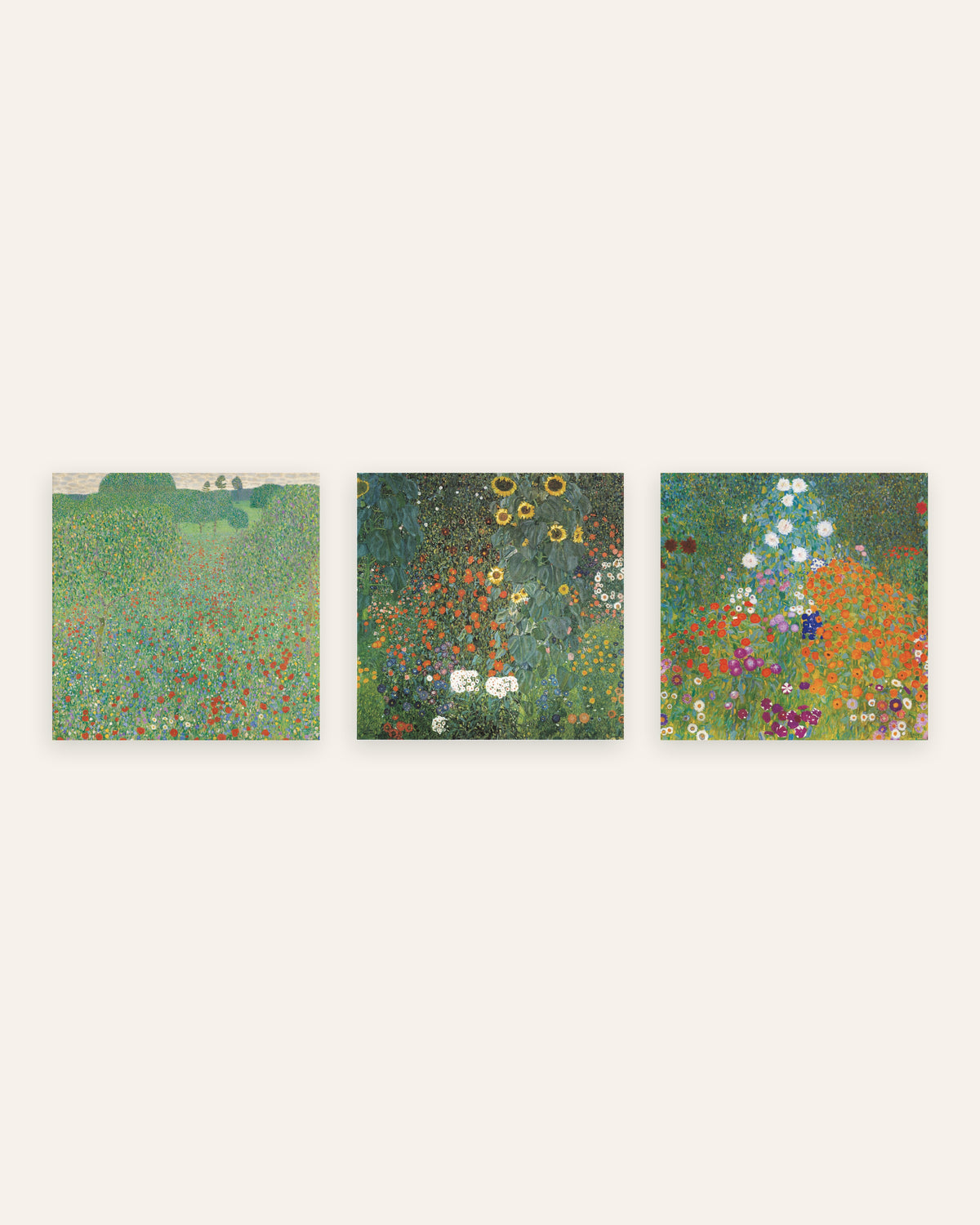 Klimt Garden Prints Set of 3 – Poppy Field, Sunflowers & Cottage Garden, prints without frame