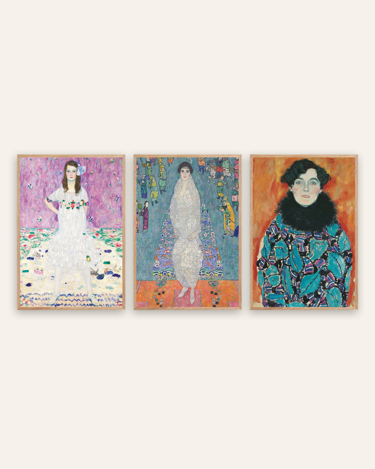Klimt Portrait Prints Set of 3 – Mäda Primavesi, Elisabeth Lederer & Johanna Staude, prints in natural oak frames