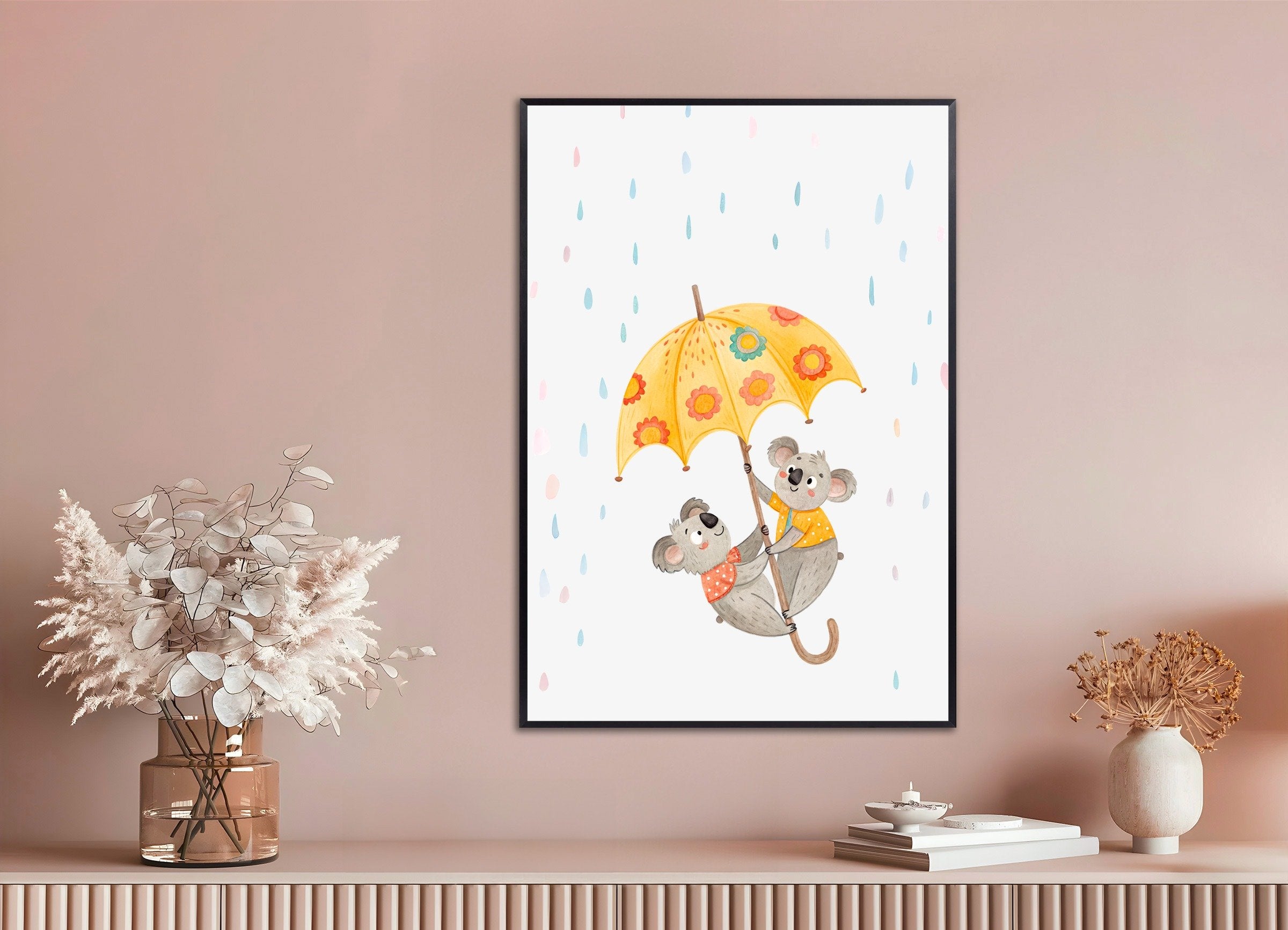 Poster of Koalas with Umbrella Poster - Nursery Wall Art, with metal frame