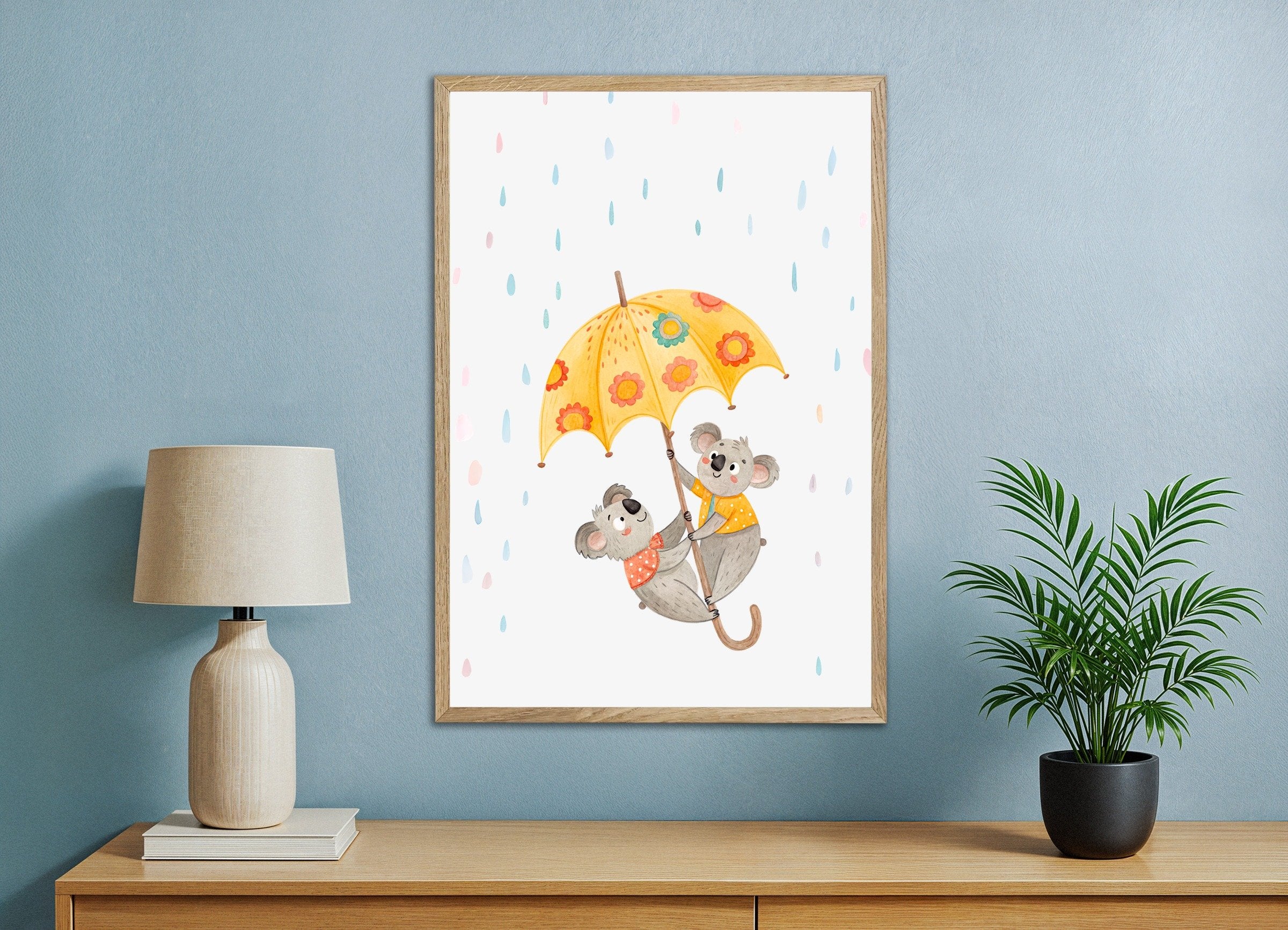 Poster of Koalas with Umbrella Poster - Nursery Wall Art, with natural wooden frame