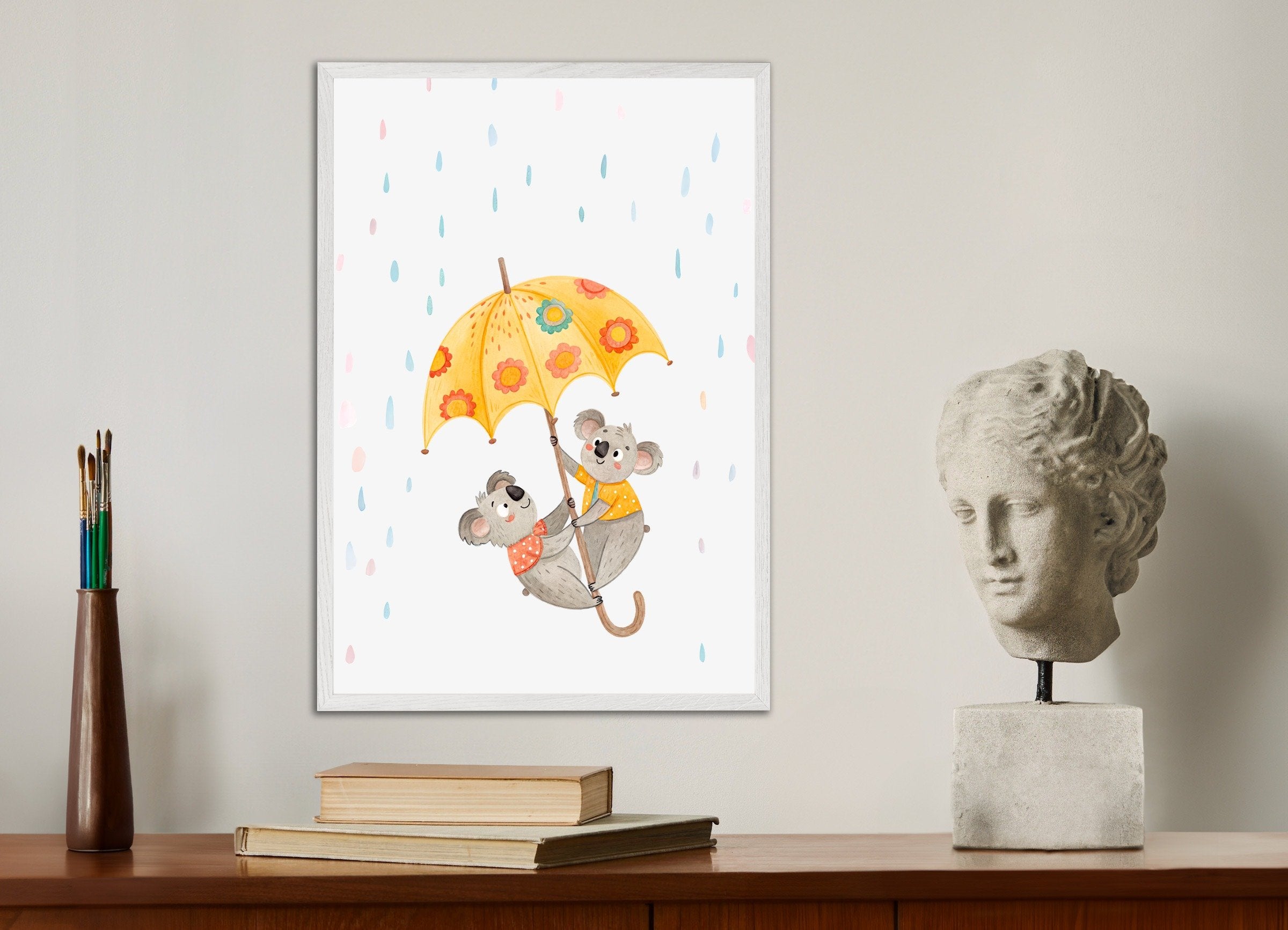 Poster of Koalas with Umbrella Poster - Nursery Wall Art, with white wooden frame