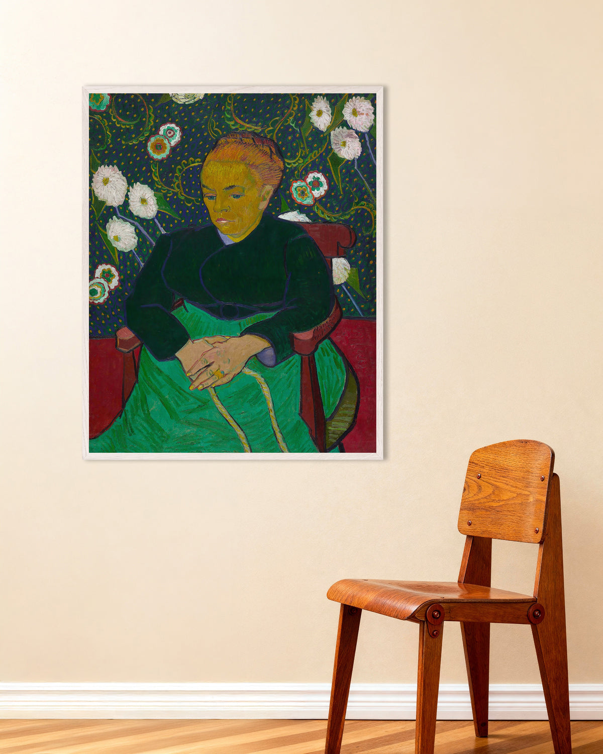 Poster of La Berceuse, Madame Roulin Rocking the Cradle (1889) by Vincent van Gogh, with white wooden frame