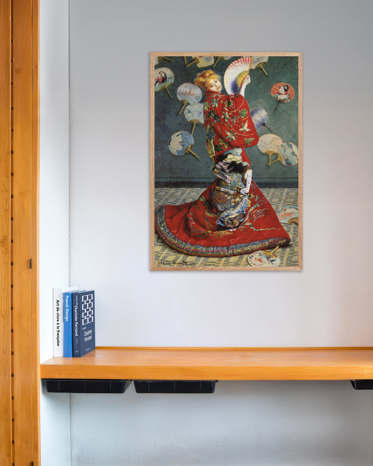 Poster of La Japonaise, Camille Monet in Japanese Costume (1876) by Claude Monet, with natural wooden frame