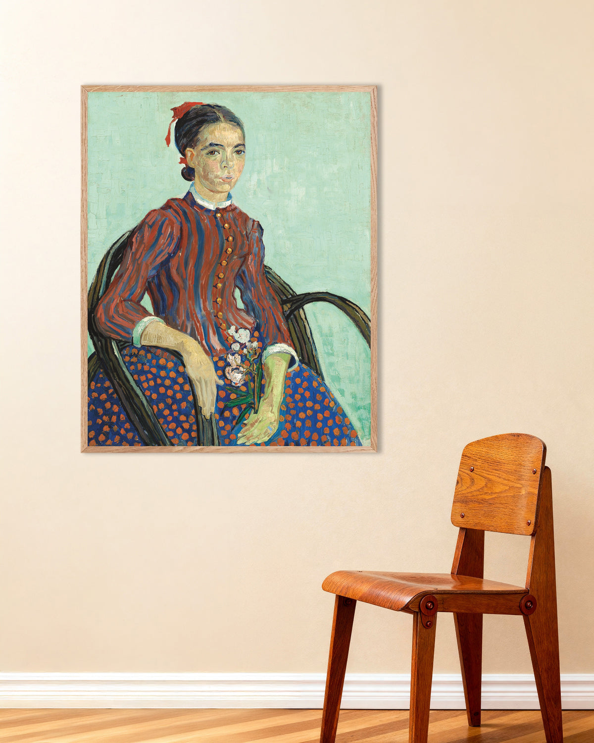 Poster of La Mousmé (1888) by Vincent van Gogh, with natural wooden frame