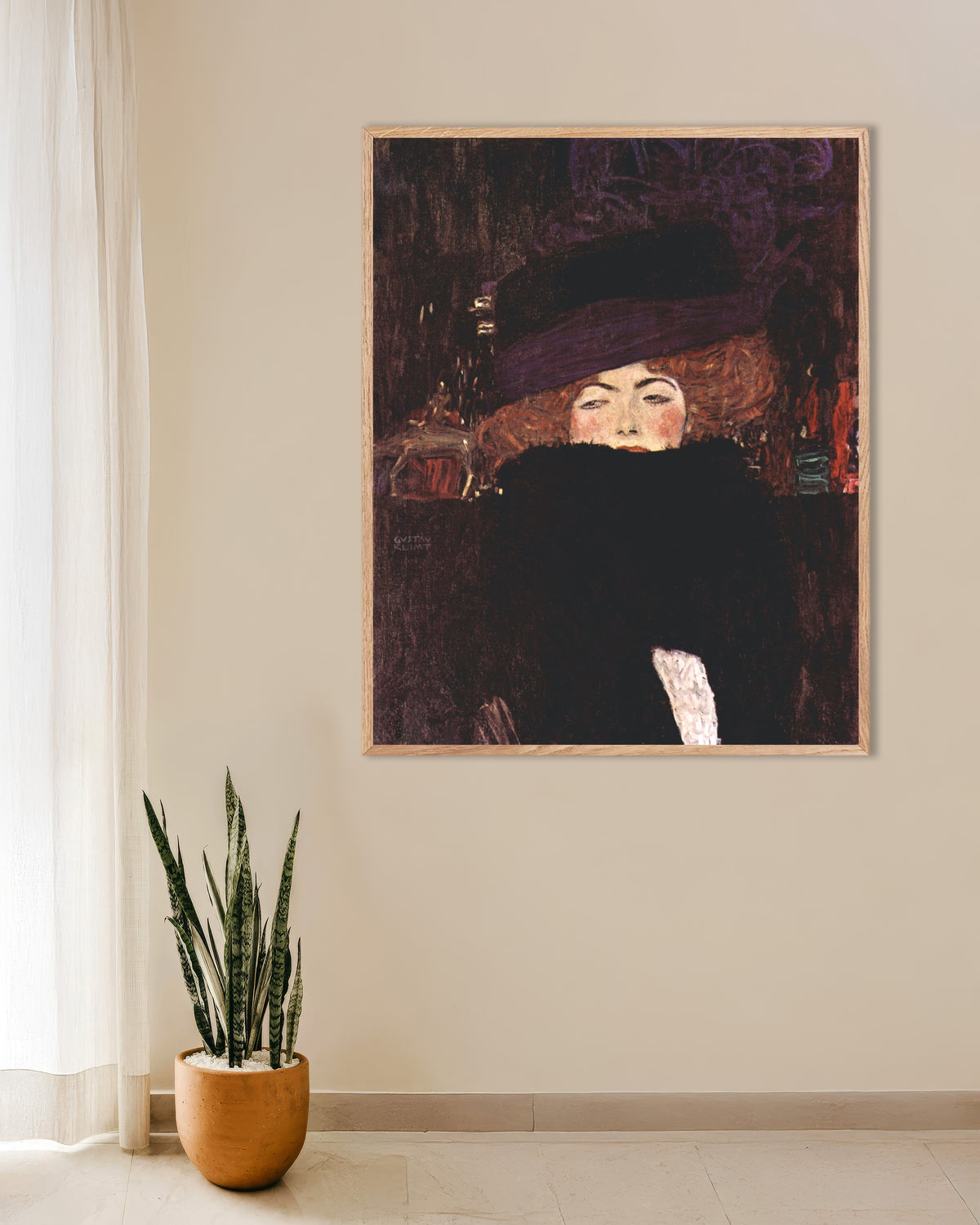 Poster of Lady with Hat and Feather Boa (1909) by Gustav Klimt, with natural wooden frame