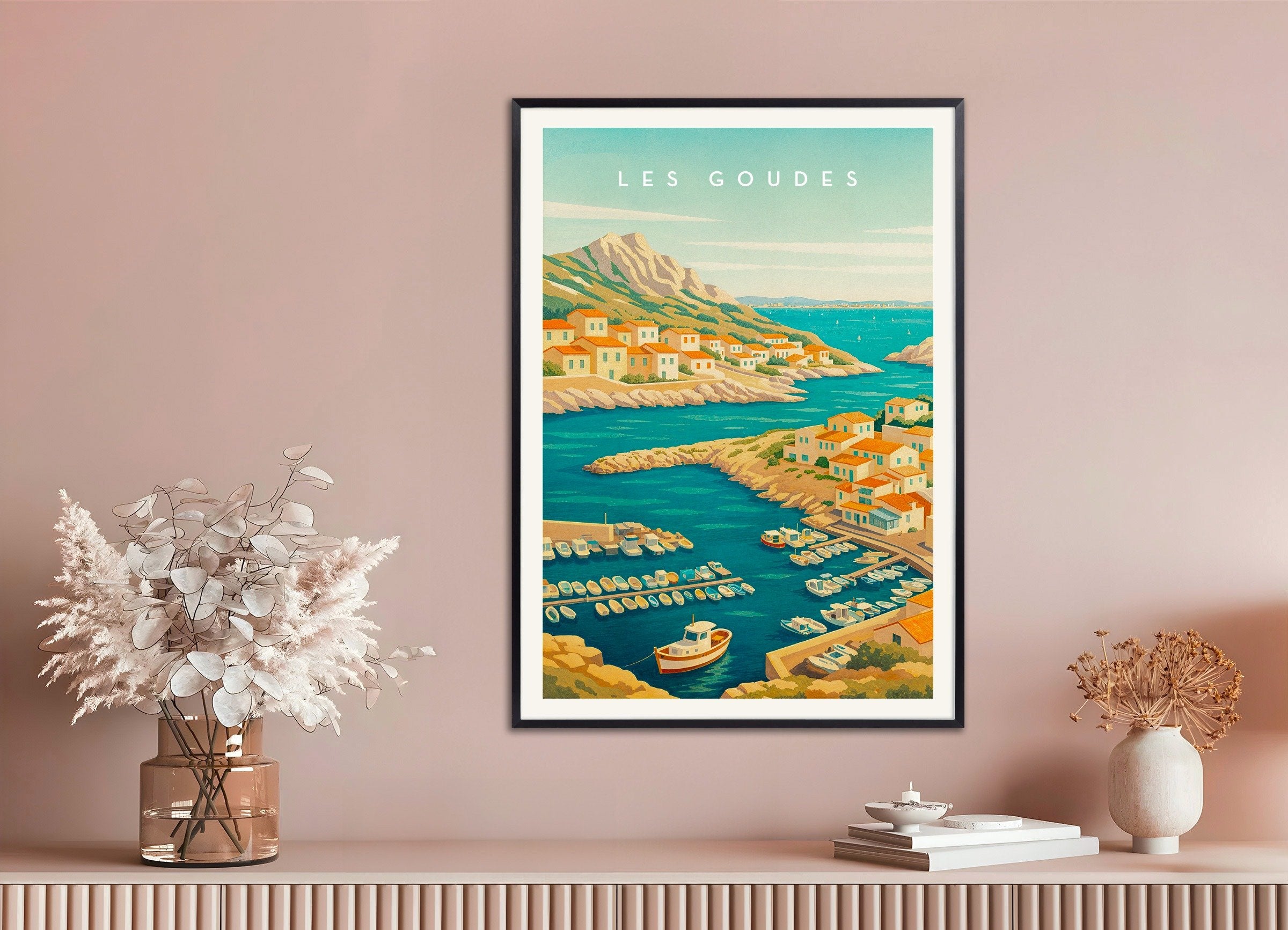 Poster of Les Goudes Marseille Travel Poster - Mediterranean Fishing Village, with metal frame