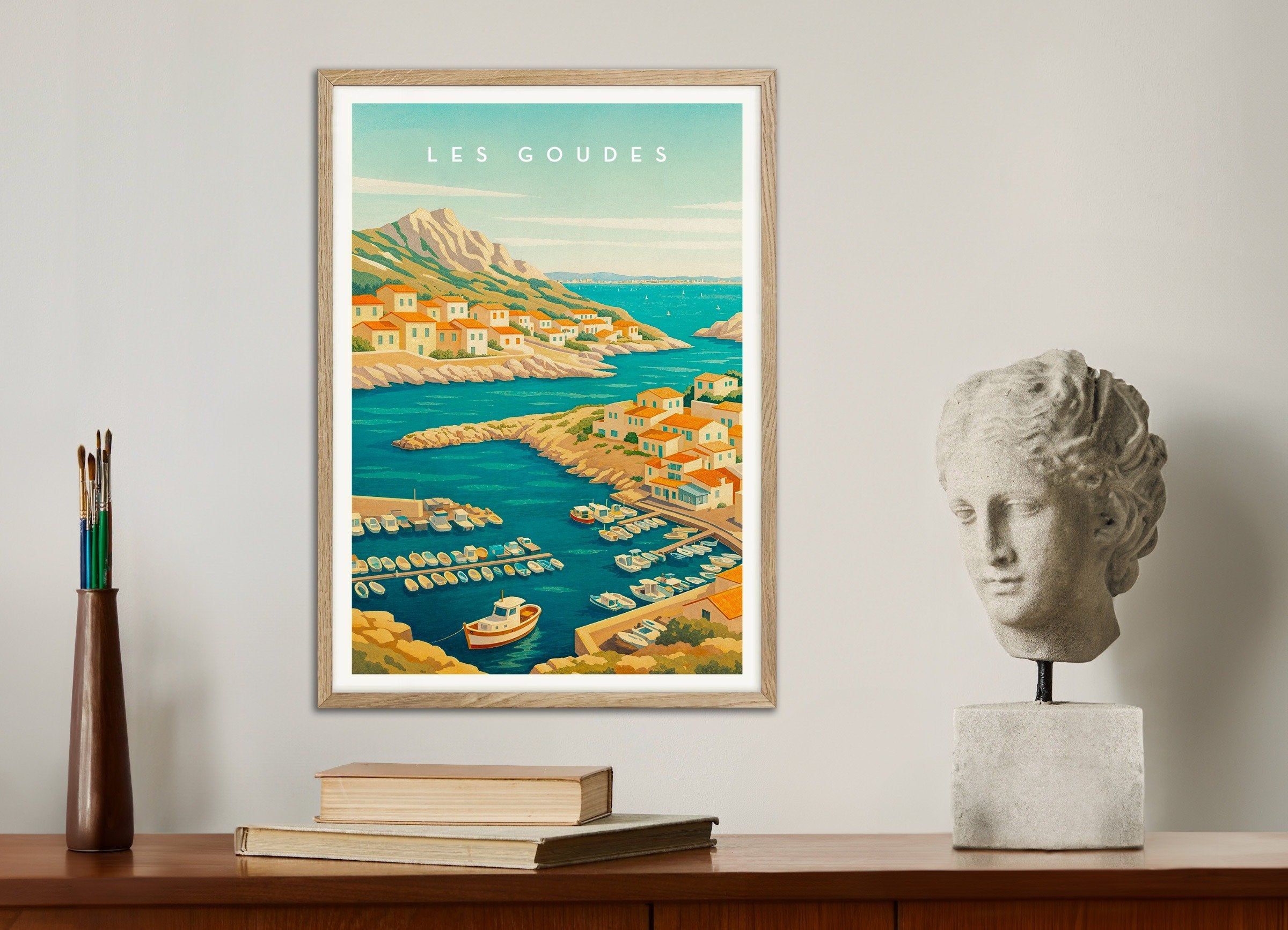 Poster of Les Goudes Marseille Travel Poster - Mediterranean Fishing Village, with natural wooden frame