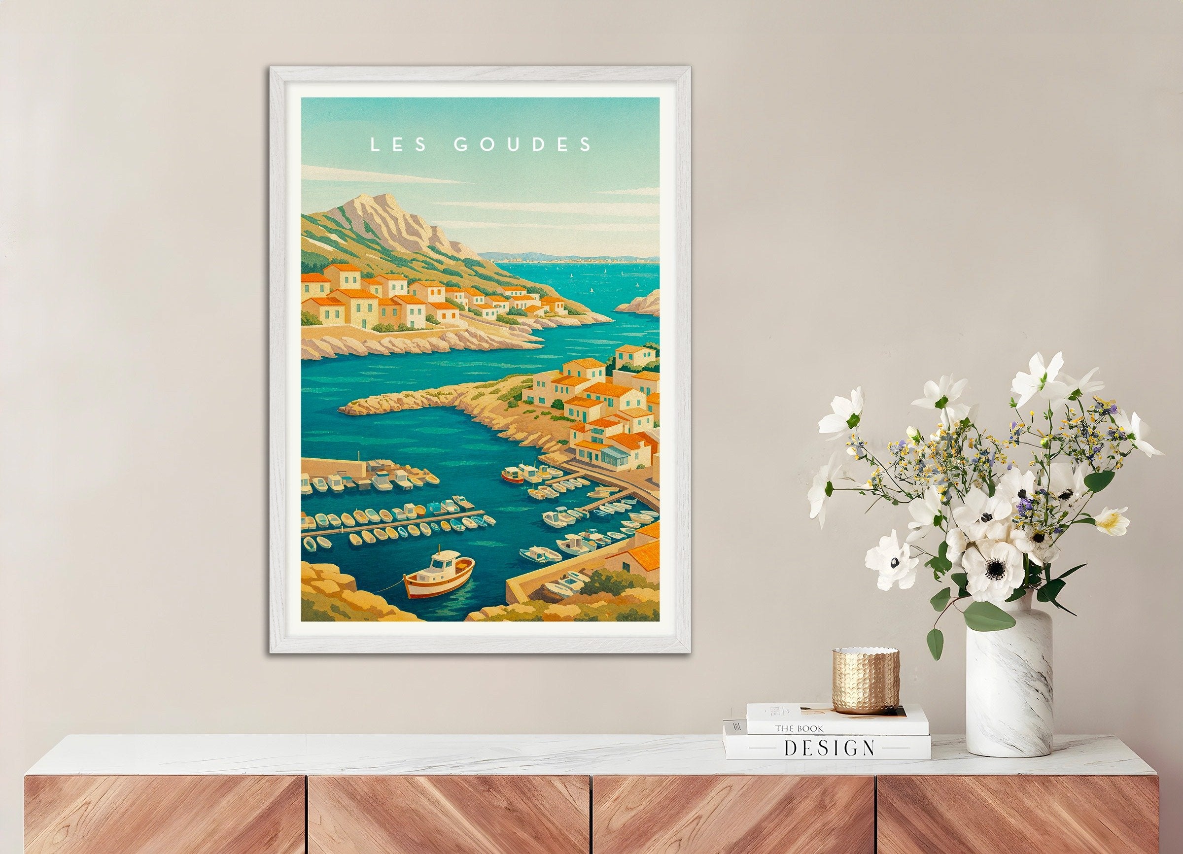 Poster of Les Goudes Marseille Travel Poster - Mediterranean Fishing Village, with white wooden frame