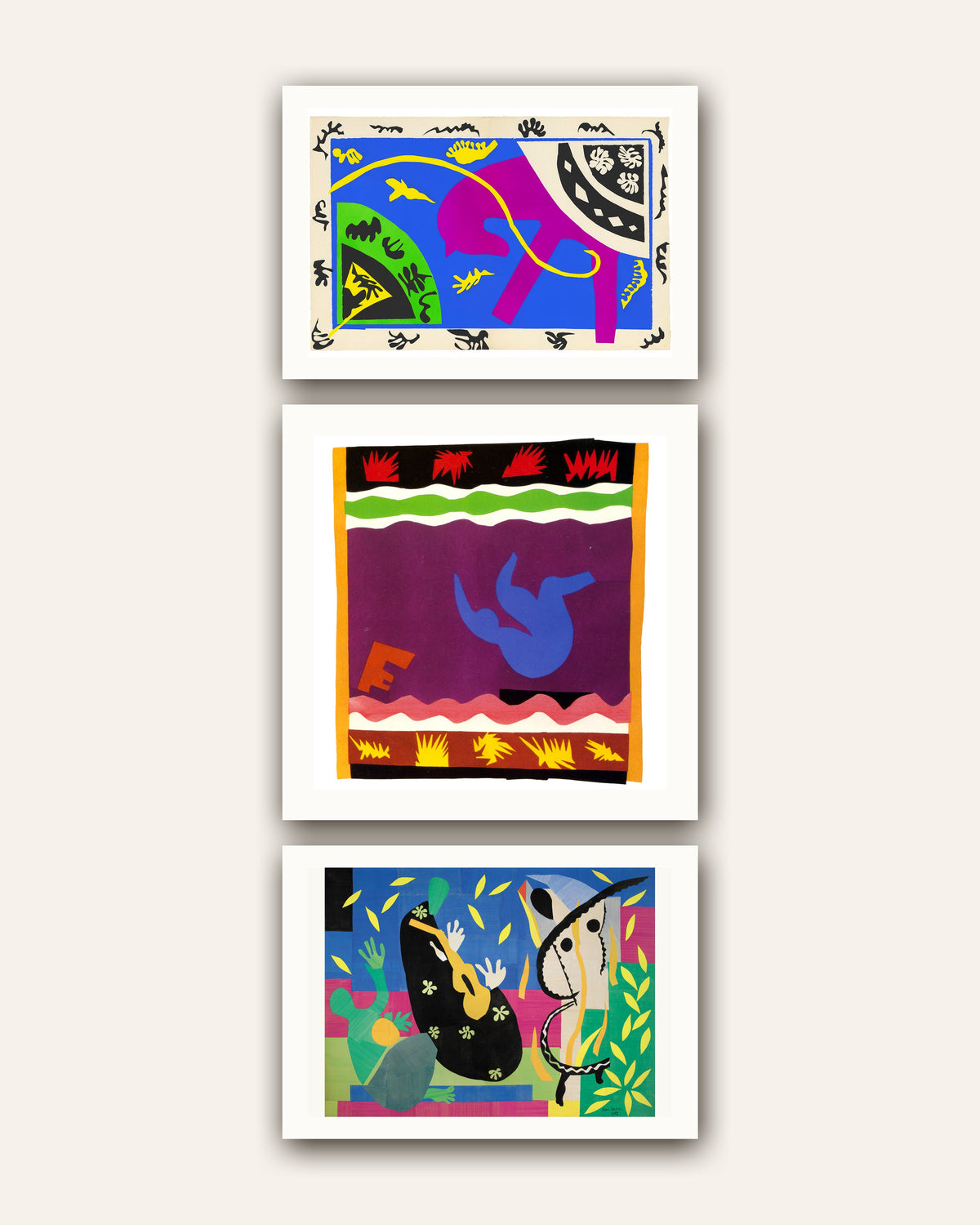 Matisse Cut-Out Prints Set of 3 – Horse, Rider and Clown, The Toboggan, The Sorrows of the King, prints without frame