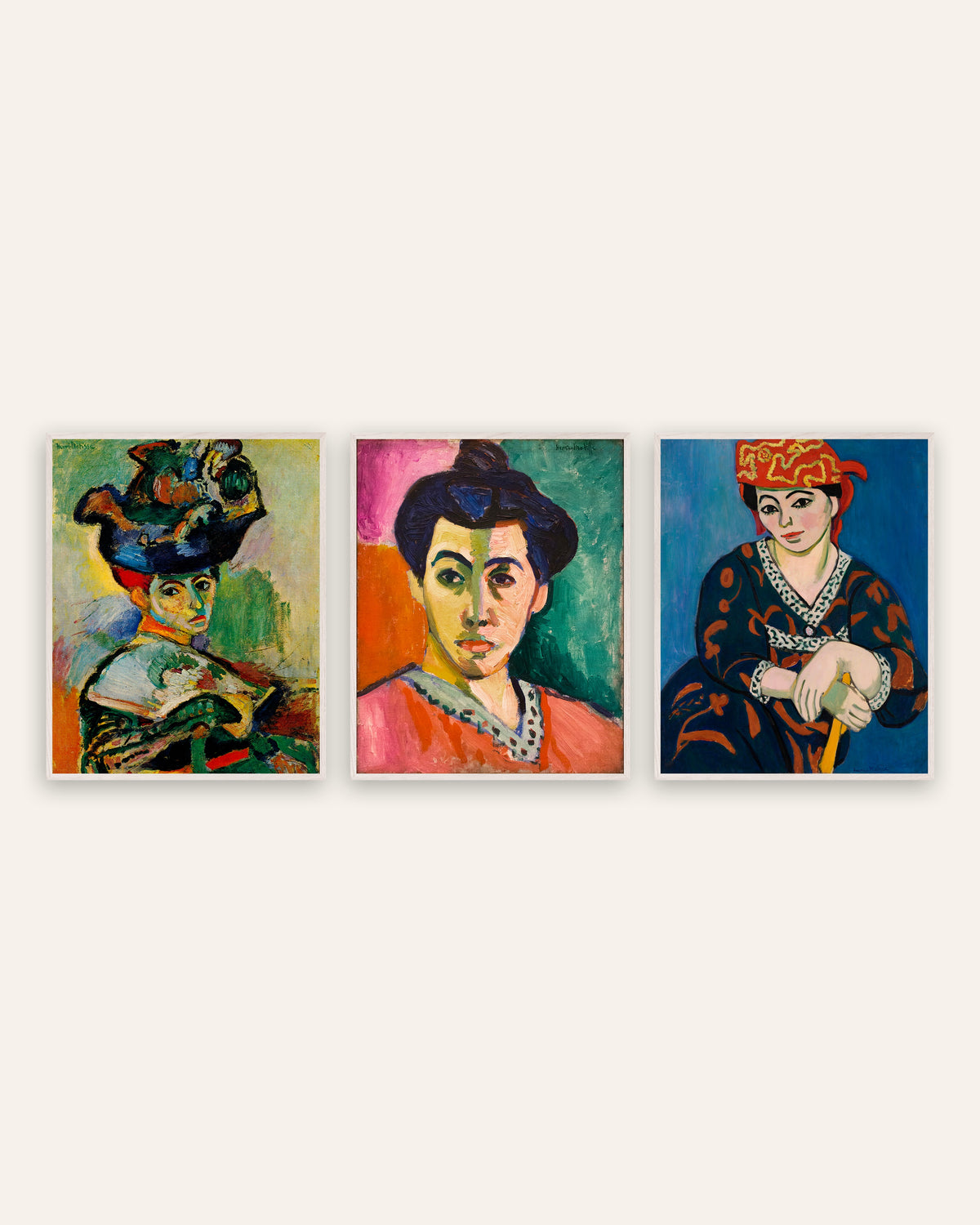 Matisse Fauvist Portraits Set of 3 – Woman with a Hat, Madame Matisse & Red Madras Headdress, prints in white oak frames