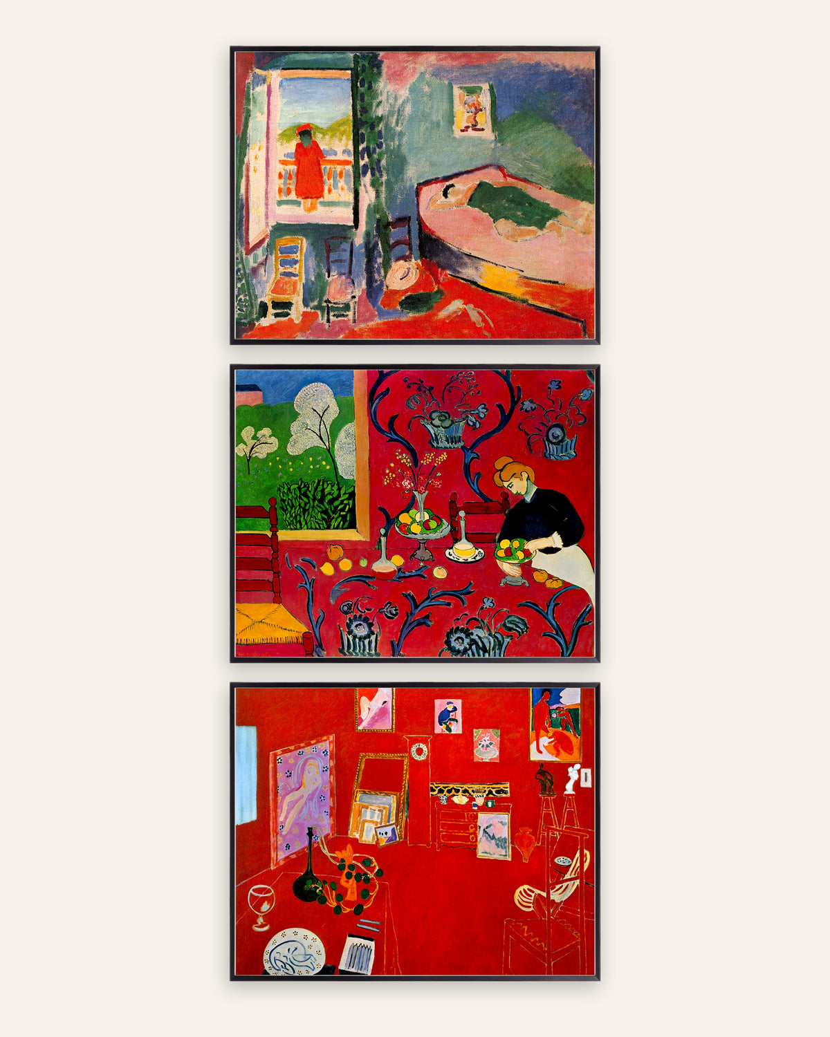 Matisse Interior Prints Set of 3 – Collioure, Harmony in Red & The Red Studio, prints in black metal frames