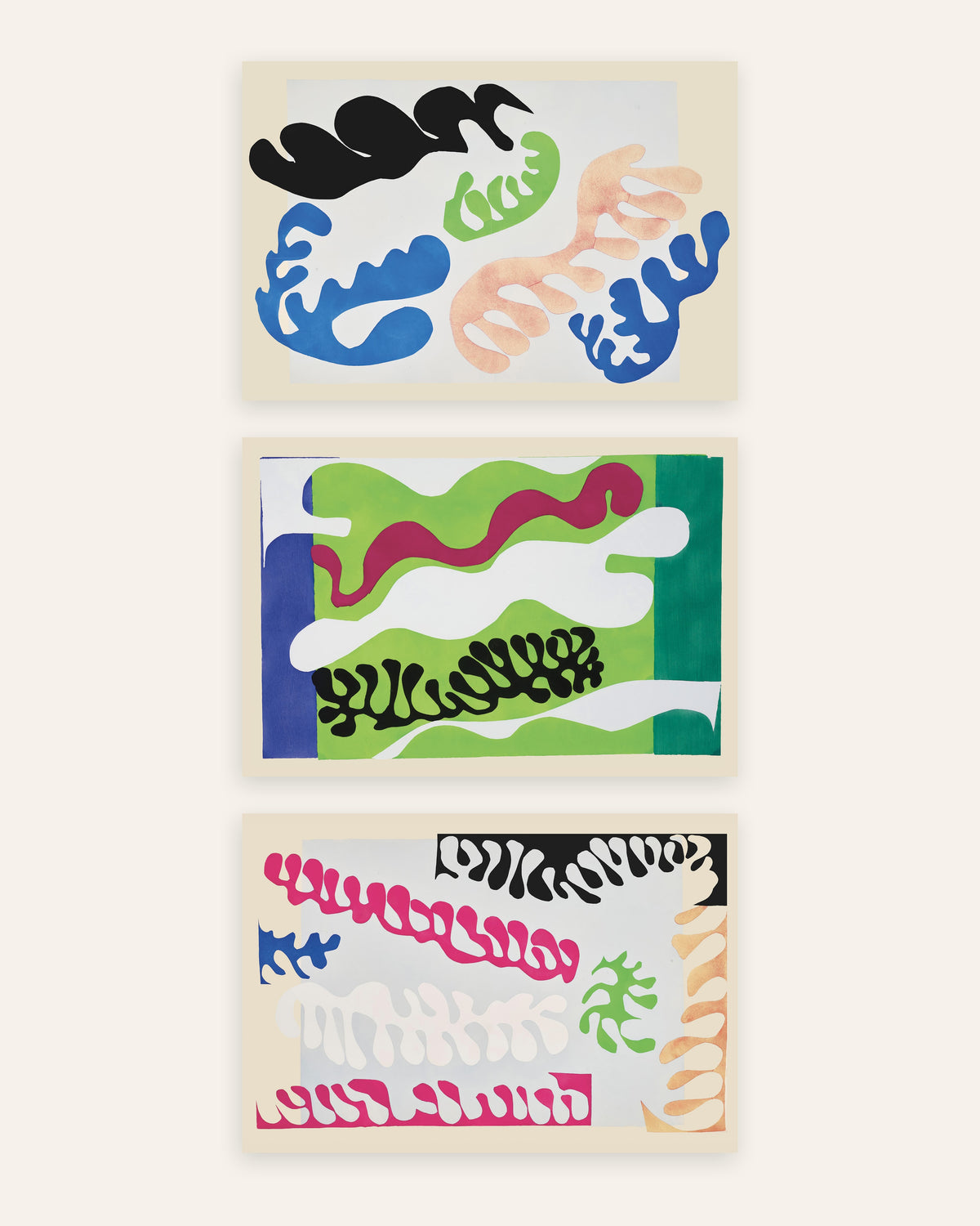 Matisse Jazz Prints Set of 3 – The Lagoon in Blue, Green and Pink, prints without frame
