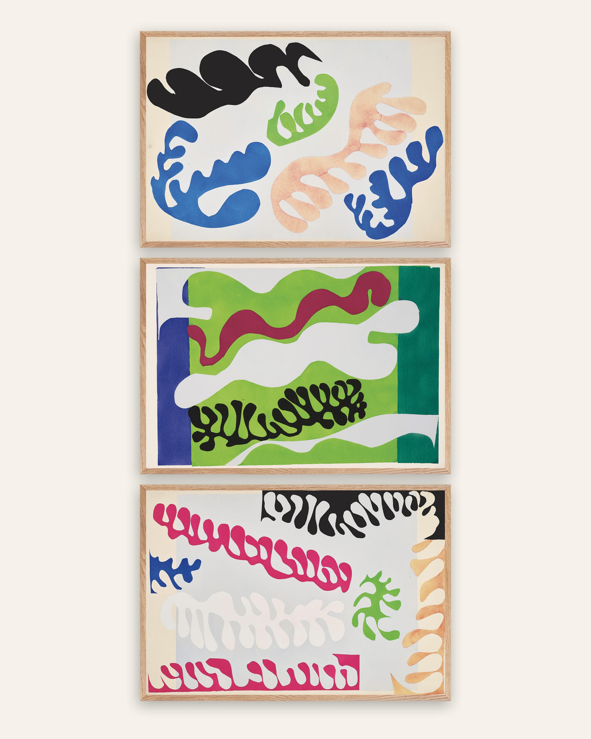 Matisse Jazz Prints Set of 3 – The Lagoon in Blue, Green and Pink, prints in natural oak frames